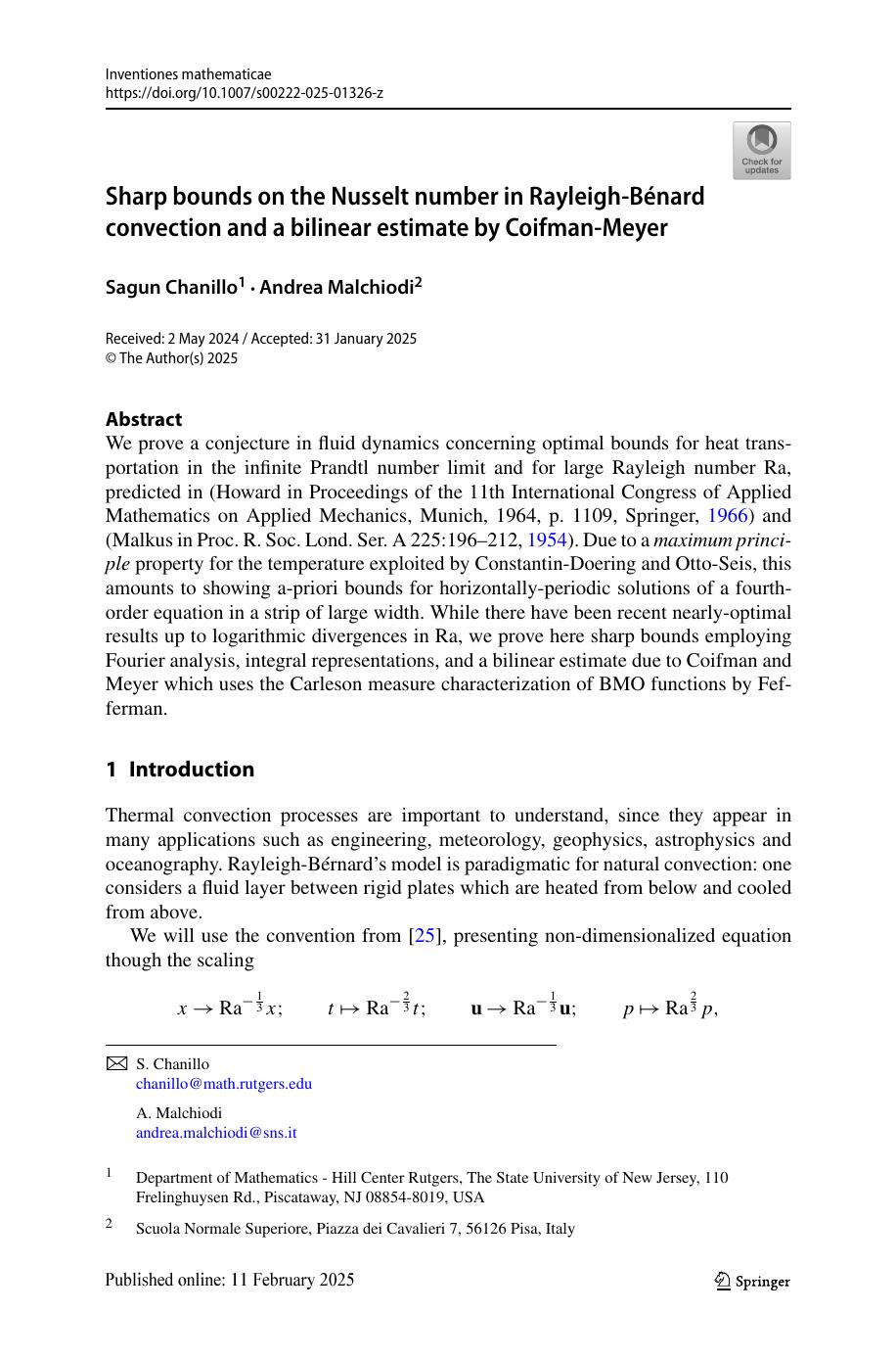 Sharp Bounds On The Nusselt Number In Rayleighbénard Convection And A Bilinear Estimate By Coifmanmeyer Sagun Chanillo Andrea Malchiodi