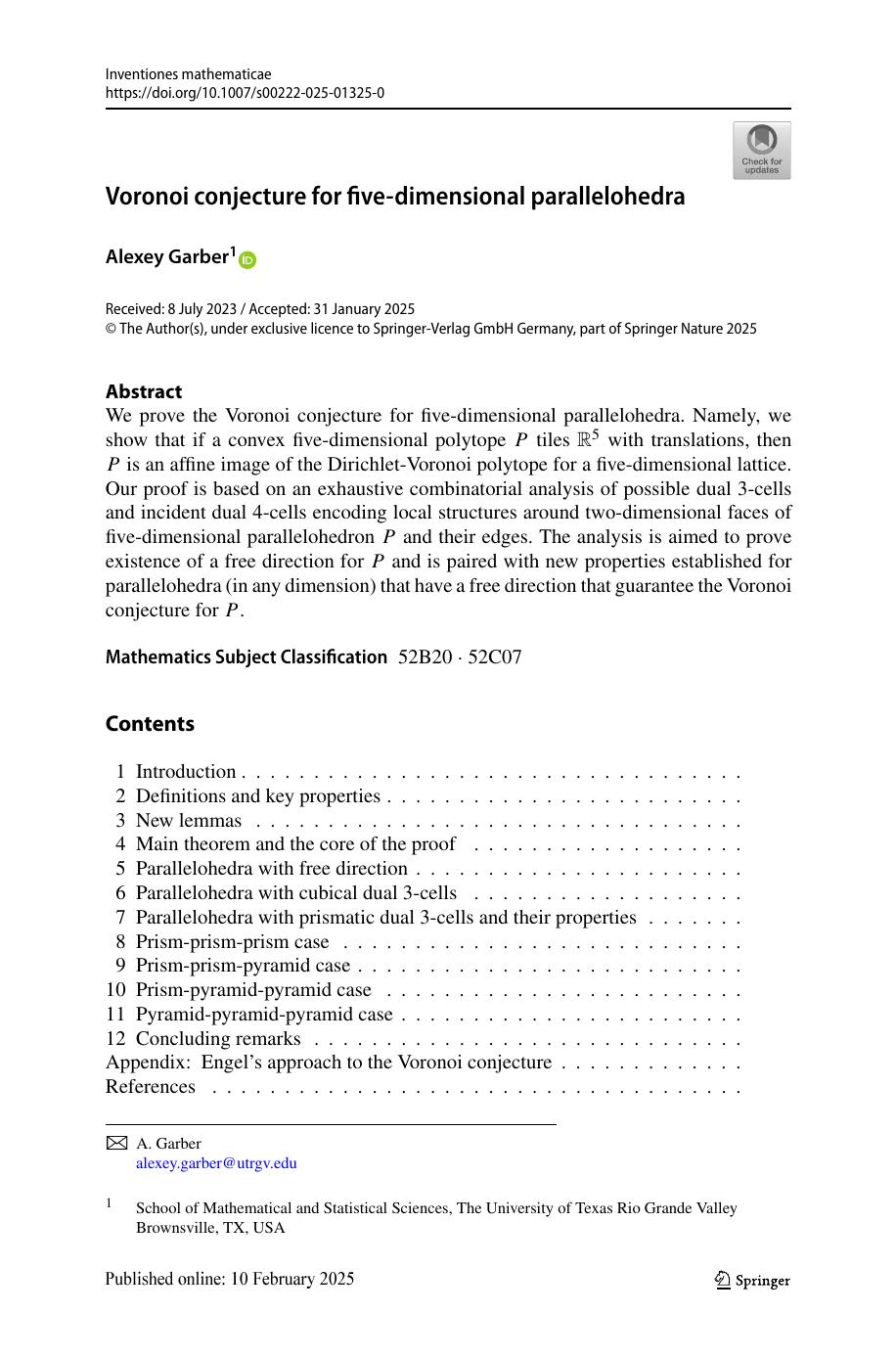 Voronoi Conjecture For Fivedimensional Parallelohedra Alexey Garber
