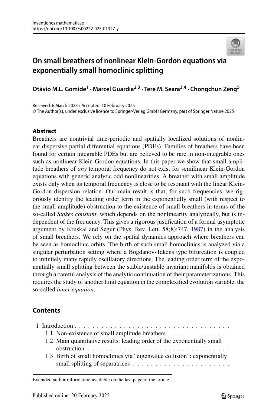 On Small Breathers Of Nonlinear Kleingordon Equations Via Exponentially Small Homoclinic Splitting Otávio M L Gomide Marcel Guardia Tere M Seara Chongchun Zeng