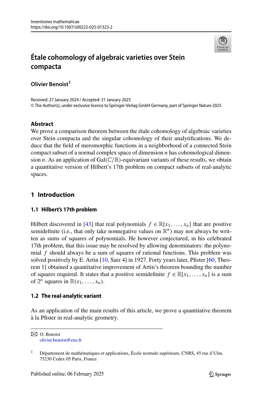 étale Cohomology Of Algebraic Varieties Over Stein Compacta Olivier Benoist