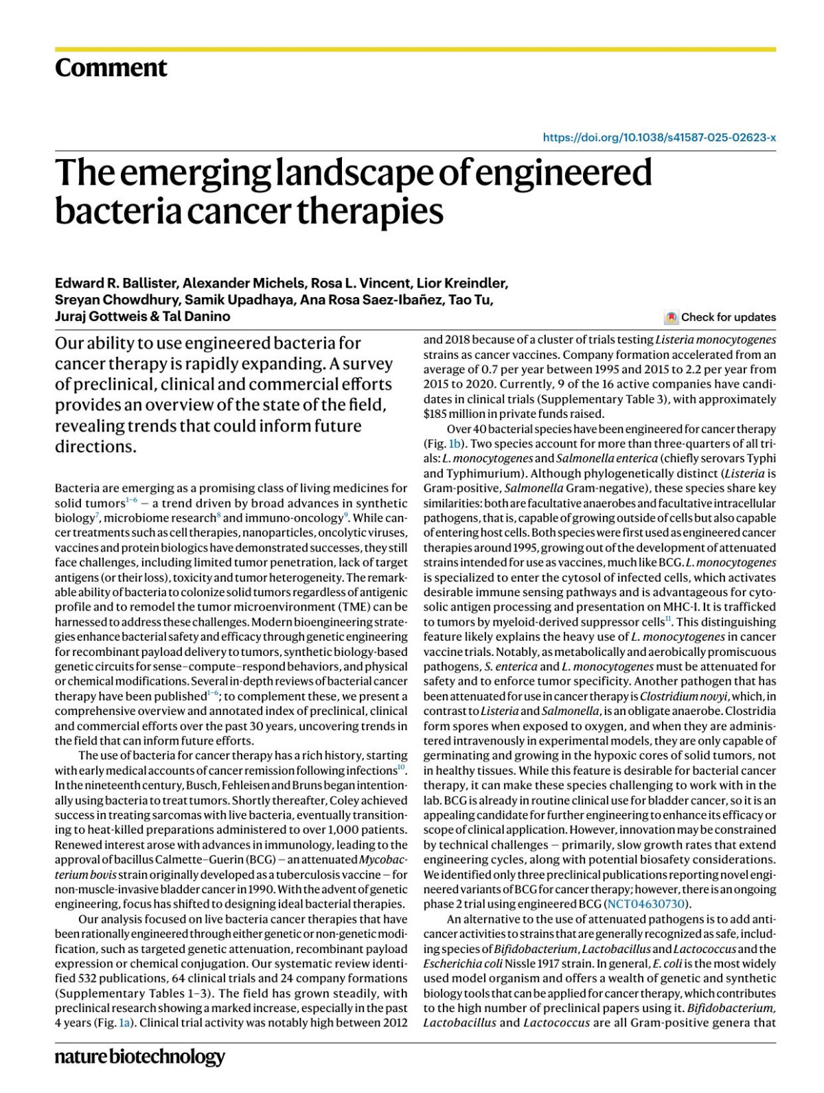 The Emerging Landscape Of Engineered Bacteria Cancer Therapies Edward R Ballister Alexander Michels Rosa L Vincent Lior Kreindler Sreyan Chowdhury Samik Upadhaya Ana Rosa Saezibaampx000f1ez Tao Tu Juraj Gottweis Tal Danino