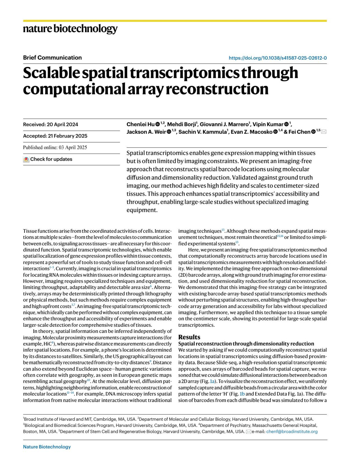 Scalable Spatial Transcriptomics Through Computational Array Reconstruction Chenlei Hu Mehdi Borji Giovanni J Marrero Vipin Kumar Jackson A Weir Sachin V Kammula Evan Z Macosko Fei Chen