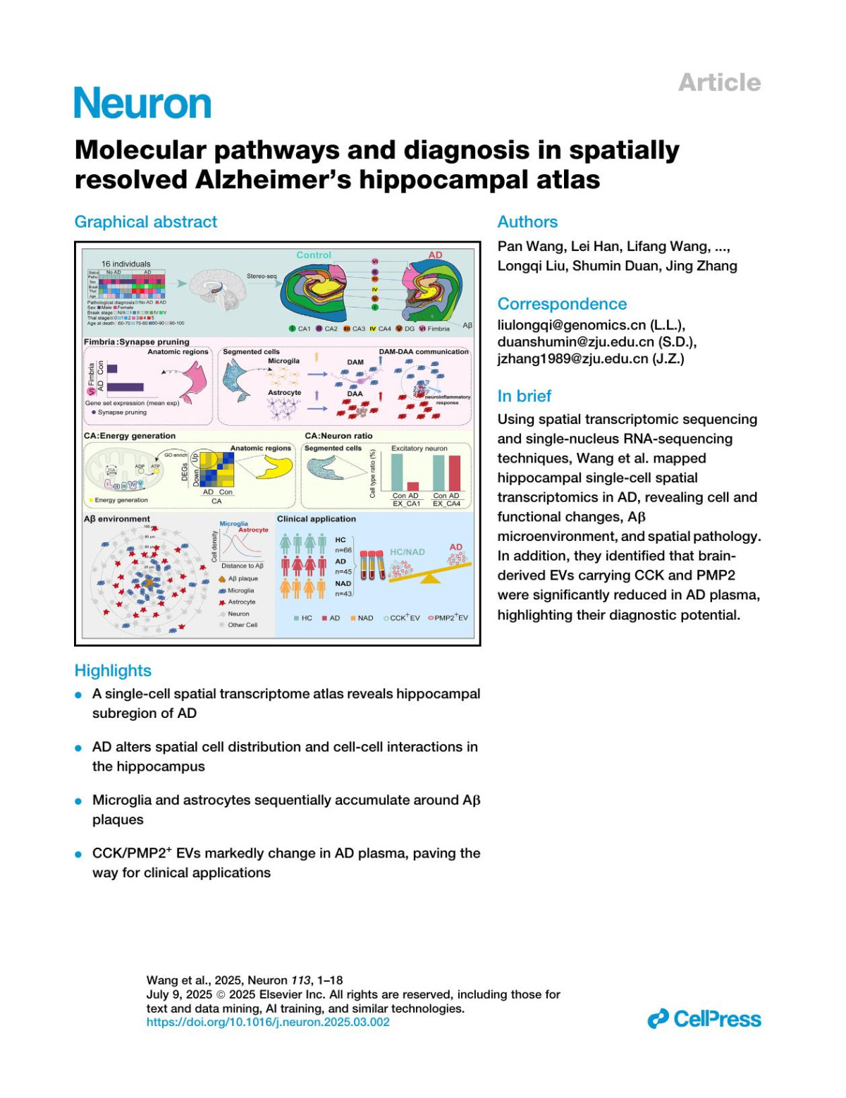 Molecular Pathways And Diagnosis In Spatially Resolved Alzheimers Hippocampal Atlas Pan Wang