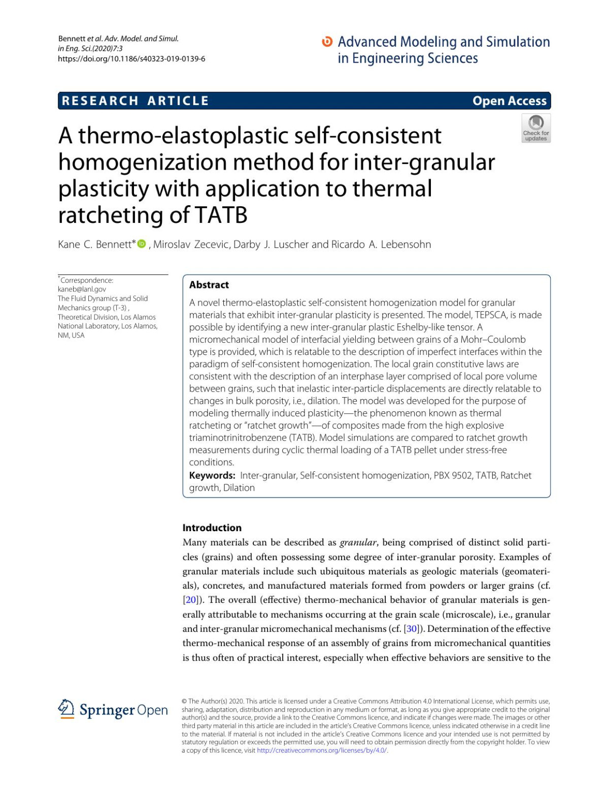 A Thermoelastoplastic Selfconsistent Homogenization Method For Intergranular Plasticity With Application To Thermal Ratcheting Of Tatb Kane C Bennett Miroslav Zecevic Darby J Luscher Ricardo A Lebensohn
