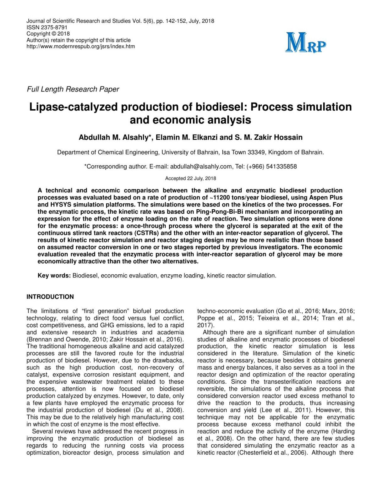 Lipasecatalyzed Production Of Biodiesel Process Simulation And Economic Analysis 6th Edition Alsahly Et Al