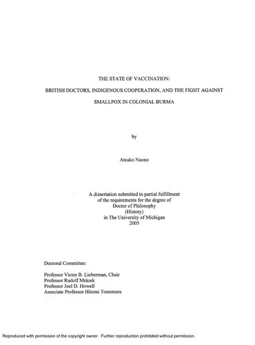 The State Of Vaccination British Doctors Indigenous Cooperation And The Fight Against Smallpox In Colonial Burma Atsuko Naono