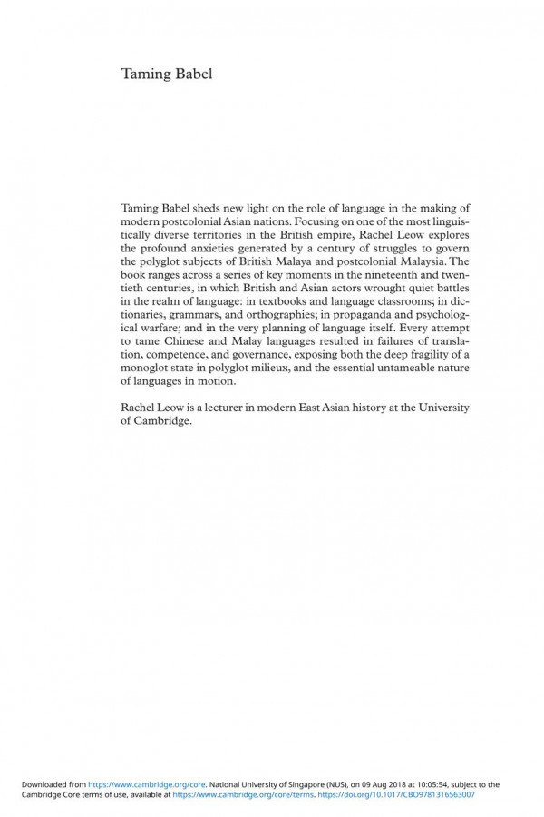 Taming Babel Language In The Making Of Malaysia Rachel Leow