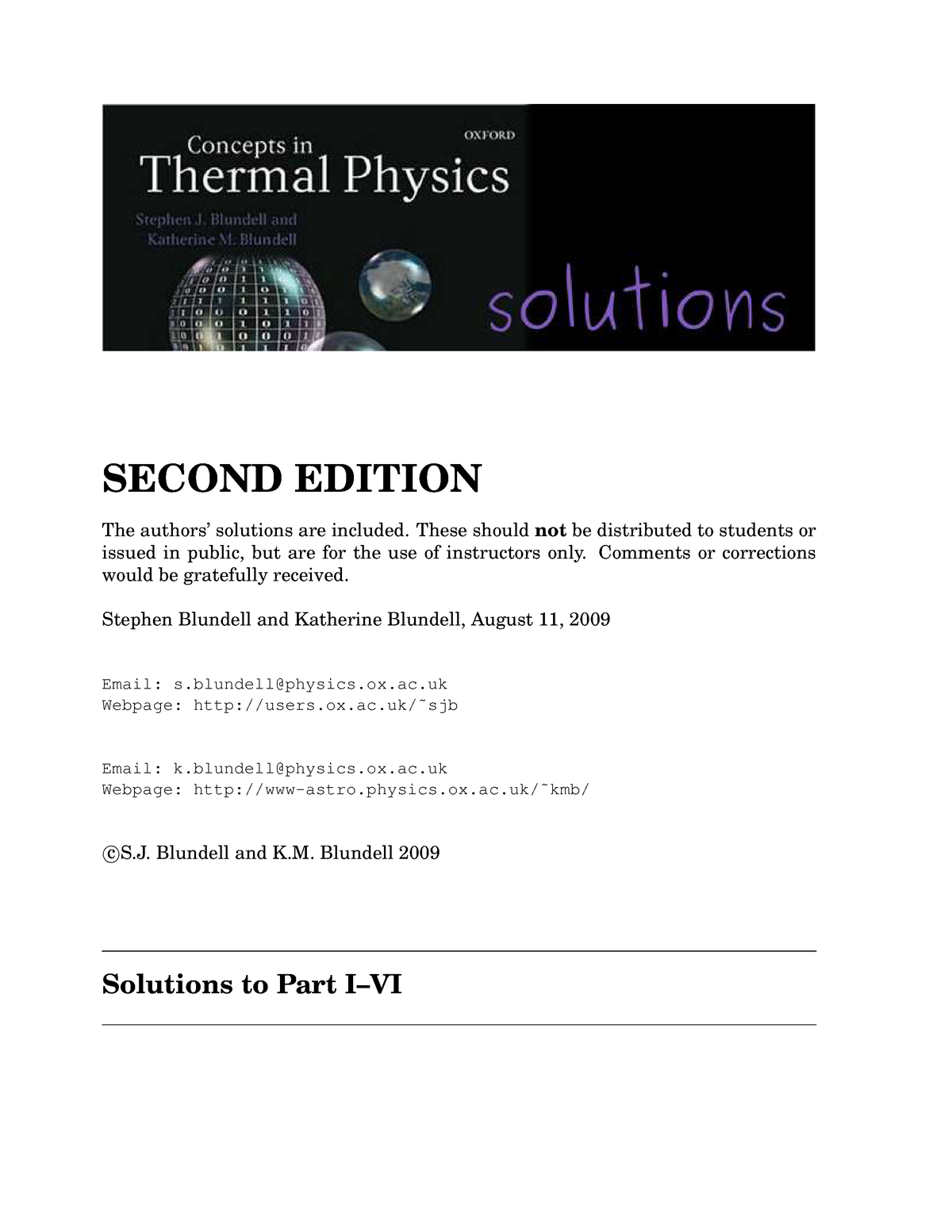 Solution Manual To Blundellblundell Concepts In Thermal Physics Blundell And Blundell