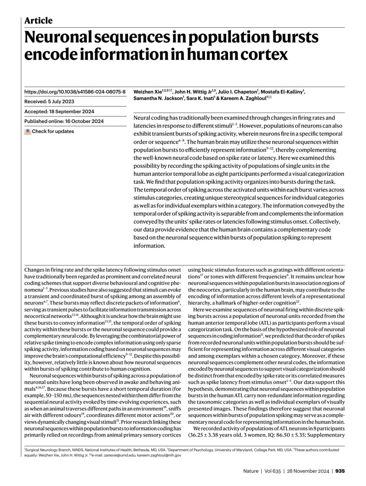 Neuronal Sequences In Population Bursts Encode Information In Human Cortex Weizhen Xie John H Wittig Julio I Chapeton Mostafa Elkalliny Samantha N Jackson Sara K Inati Kareem A Zaghloul