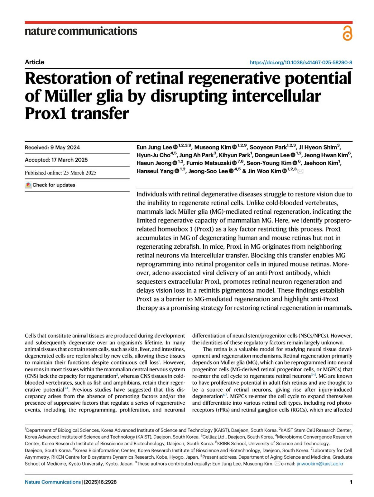 Restoration Of Retinal Regenerative Potentialof Müller Glia By Disrupting Intercellularprox1 Transfer Eun Jung Lee Museong Kim Sooyeon Park Ji Hyeon Shim Hyunju Cho Jung Ah Park Kihyun Park Dongeun Lee Jeong Hwan Kim Haeun Jeong Fumio Matsuzaki Seonyoung Kim Jaehoon Kim Hanseul Yang Jeongsoo Lee Jin Woo Kim