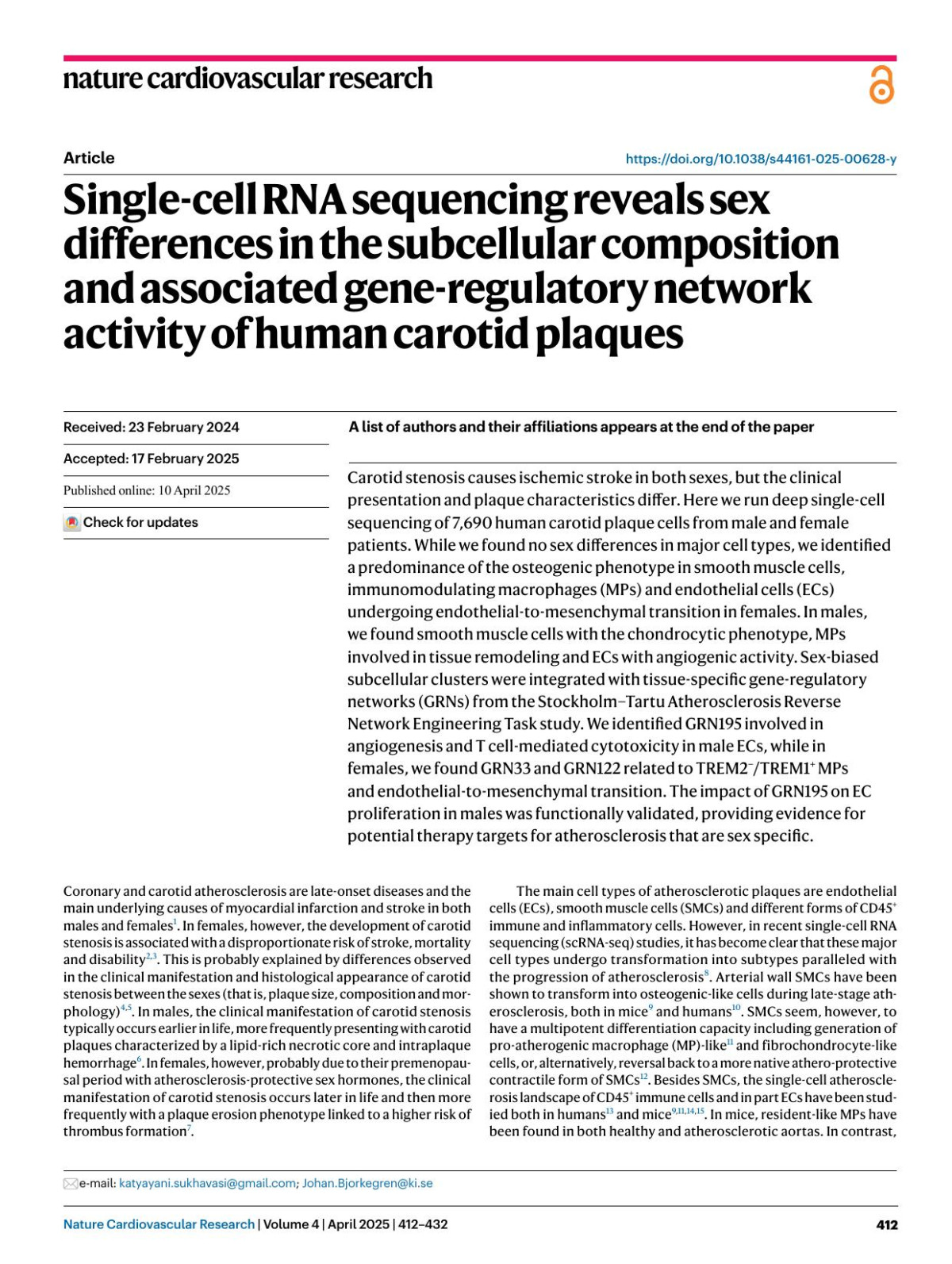 Singlecell Rna Sequencing Reveals Sex Differences In The Subcellular Composition And Associated Generegulatory Network Activity Of Human Carotid Plaques Katyayanisukhavasigmailcom Johanbjorkegrenkise