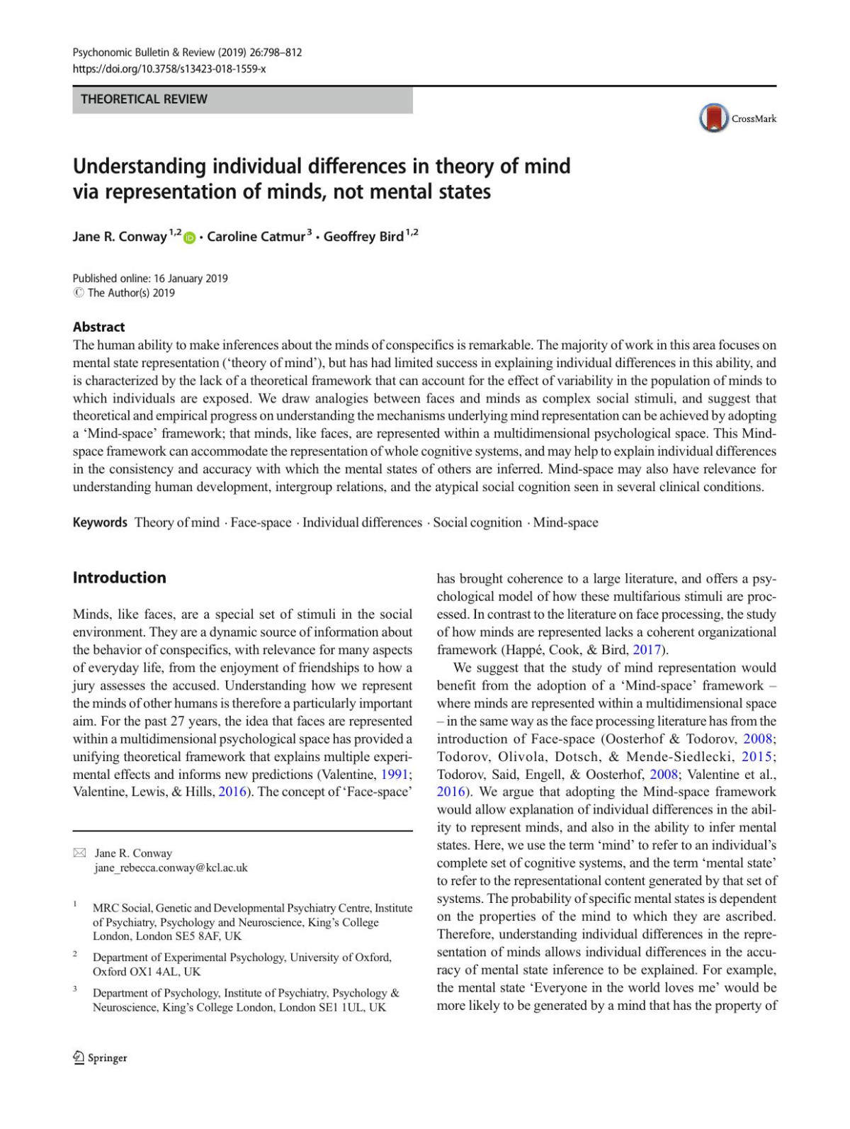 Understanding Individual Differences In Theory Of Mind Via Representation Of Minds Not Mental States Jane R Conway Caroline Catmur Geoffrey Bird