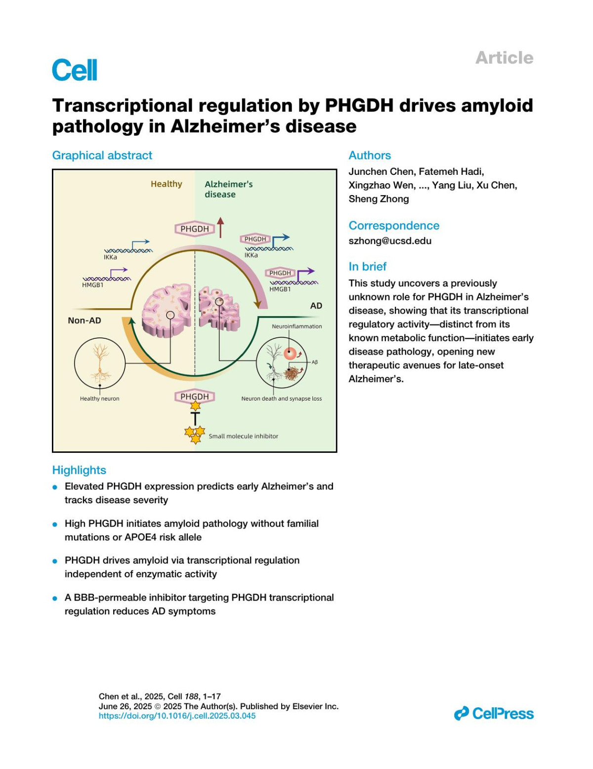 Transcriptional Regulation By Phgdh Drives Amyloid Pathology In Alzheimers Disease Junchen Chen Fatemeh Hadi Xingzhao Wen Wenxin Zhao Ming Xu Shuanghong Xue Pei Lin Riccardo Calandrelli John Lalith Charles Richard Zhixuan Song Jessica Li Alborz Amani Yang Liu Xu Chen Sheng Zhong