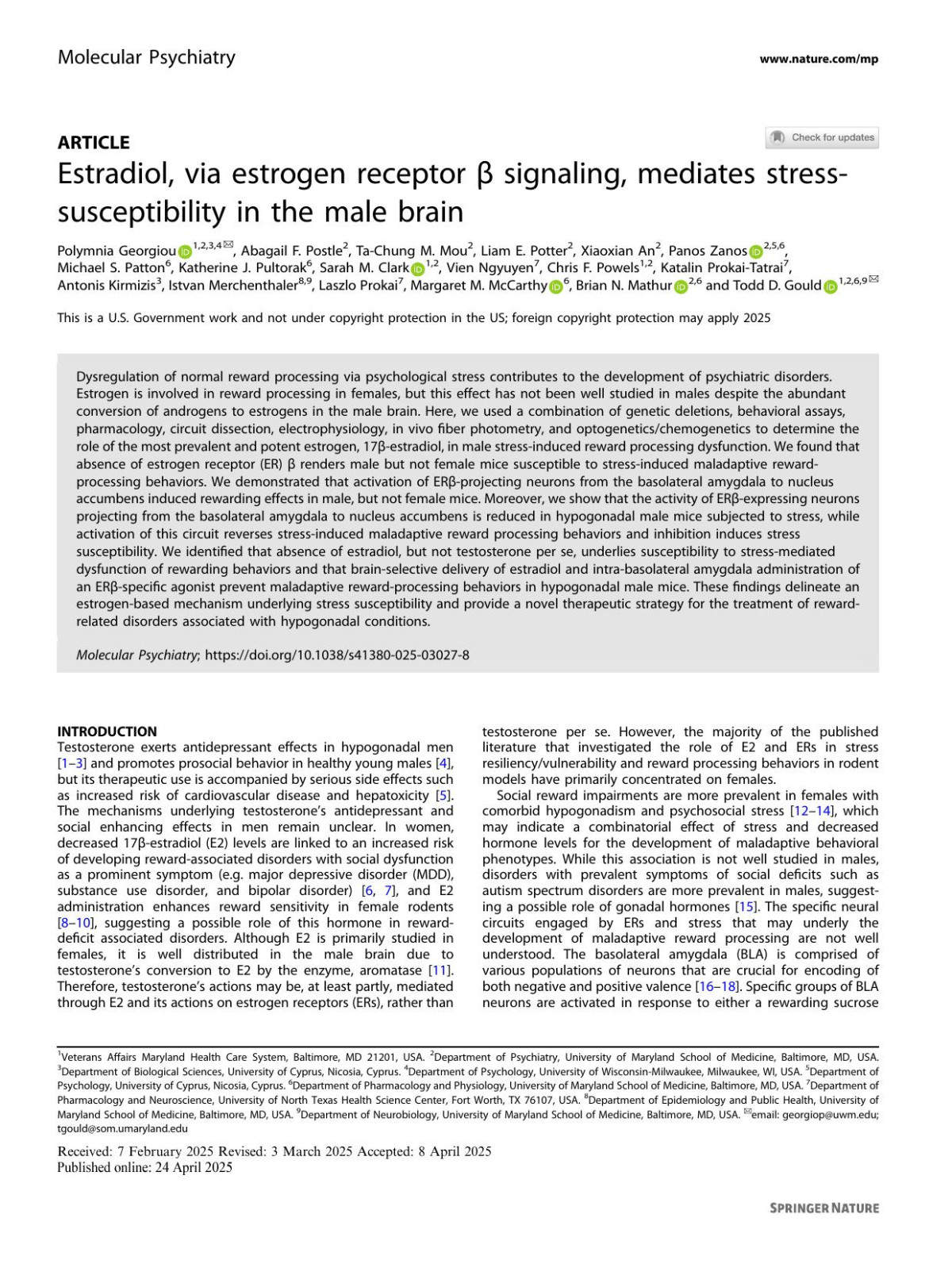 Estradiol Via Estrogen Receptor î² Signaling Mediates Stresssusceptibility In The Male Brain Polymnia Georgiou 1