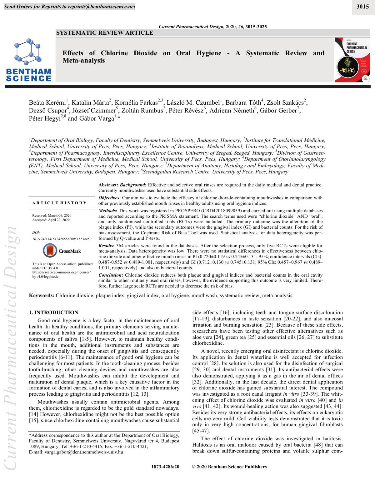 Effects Of Chlorine Dioxide On Oral Hygiene A Systematic Review And Metaanalysis 25th Edition Beáta Kerémi