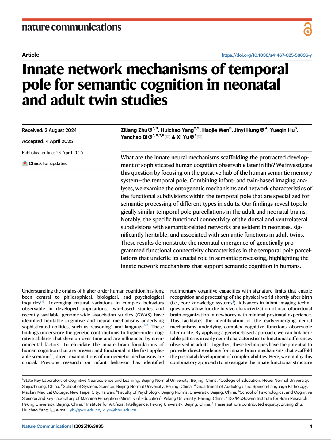 Innate Network Mechanisms Of Temporal Pole For Semantic Cognition In Neonatal And Adult Twin Studies Ziliang Zhu Huichao Yang Haojie Wen Jinyi Hung Yueqin Hu Yanchao Bi Xi Yu