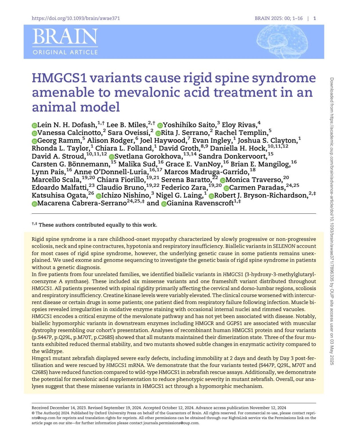 Hmgcs1 Variants Cause Rigid Spine Syndrome Amenable To Mevalonic Acid Treatment In An Animal Model Olein N H Dofash