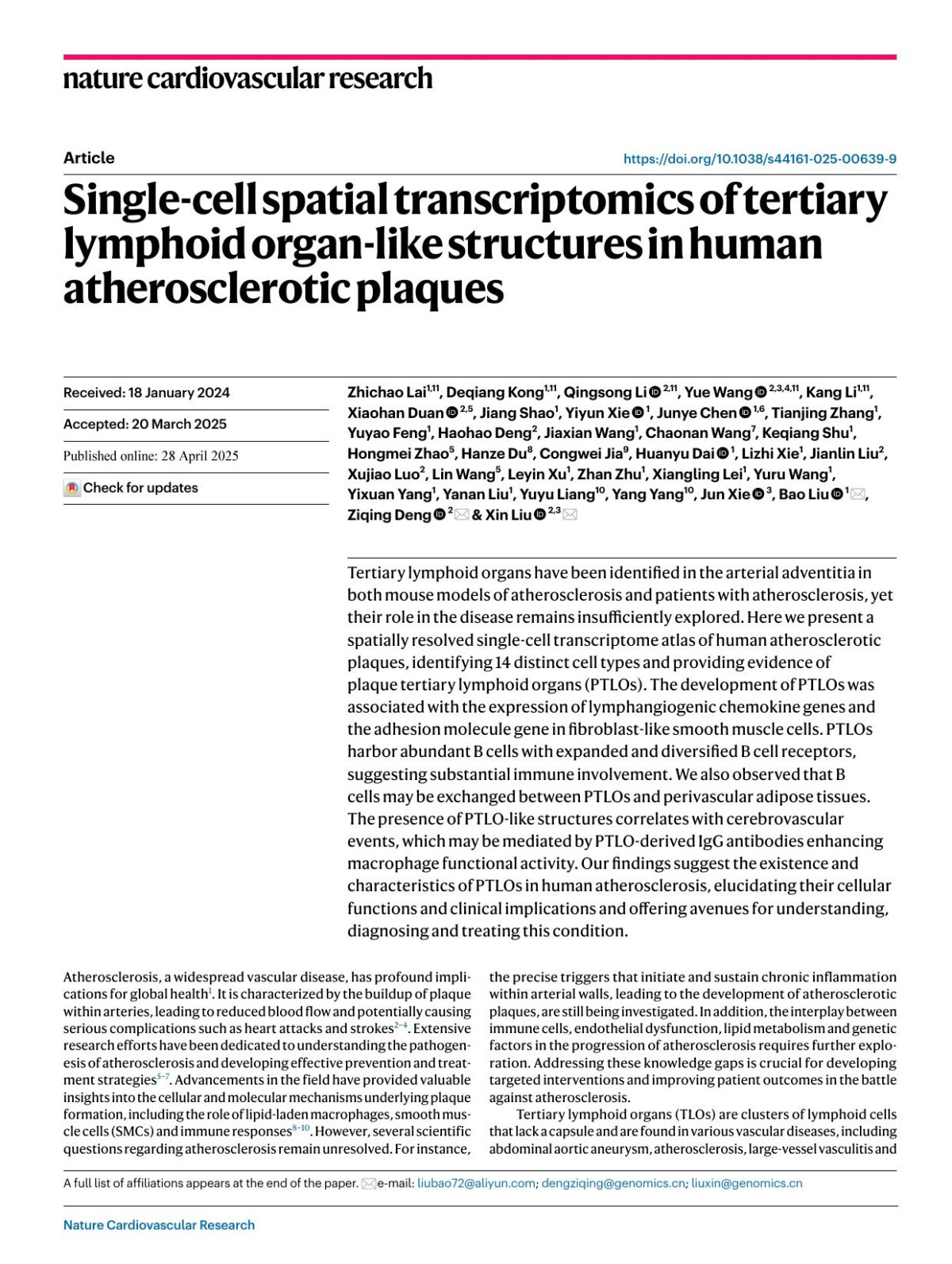Singlecell Spatial Transcriptomics Of Tertiary Lymphoid Organlike Structures In Human Atherosclerotic Plaques Zhichao Lai1
