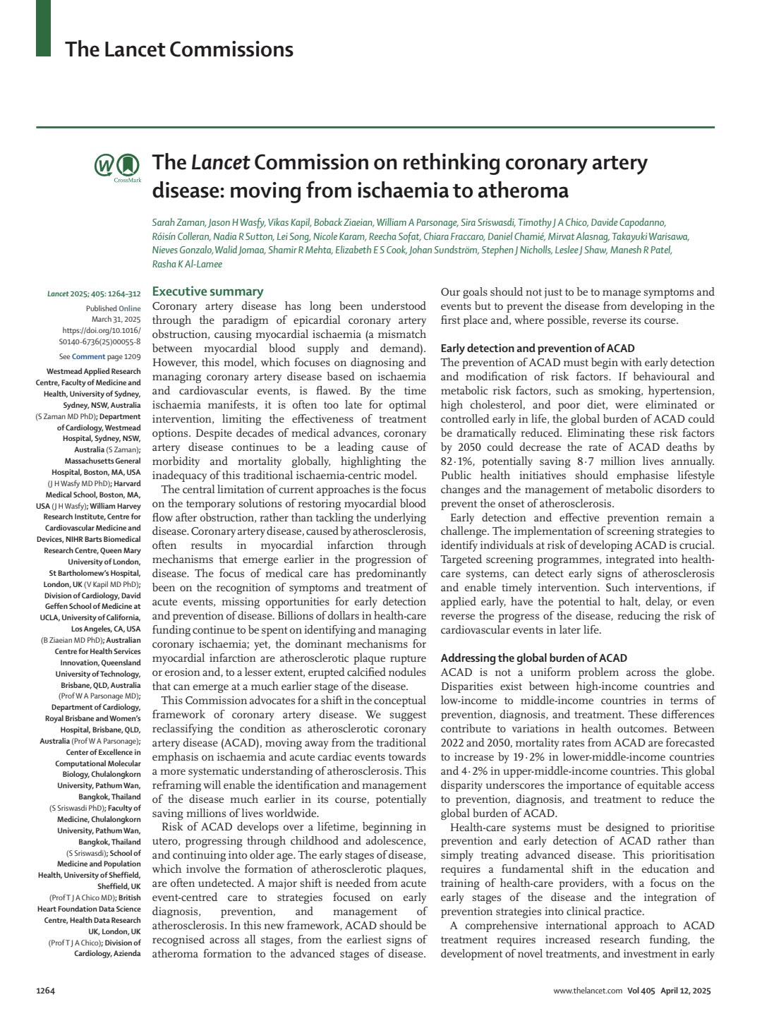 The Lancet Commission On Rethinking Coronary Artery Disease Moving From Ischaemia To Atheroma Sarah Zaman