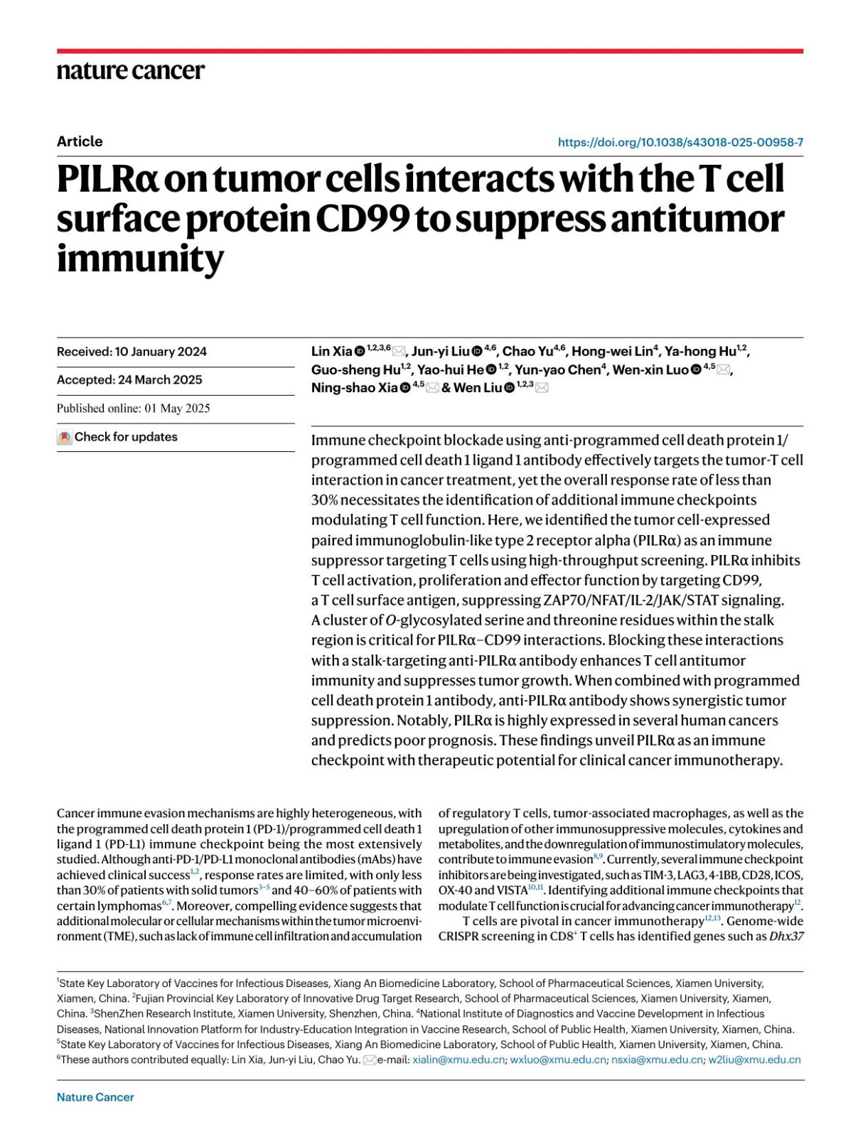 Pilrα On Tumor Cells Interacts With The T Cell Surface Protein Cd99 To Suppress Antitumor Immunity Lin Xia Junyi Liu Chao Yu Hongwei Lin Yahong Hu Guosheng Hu Yaohui He Yunyao Chen Wenxin Luo Ningshao Xia Wen Liu