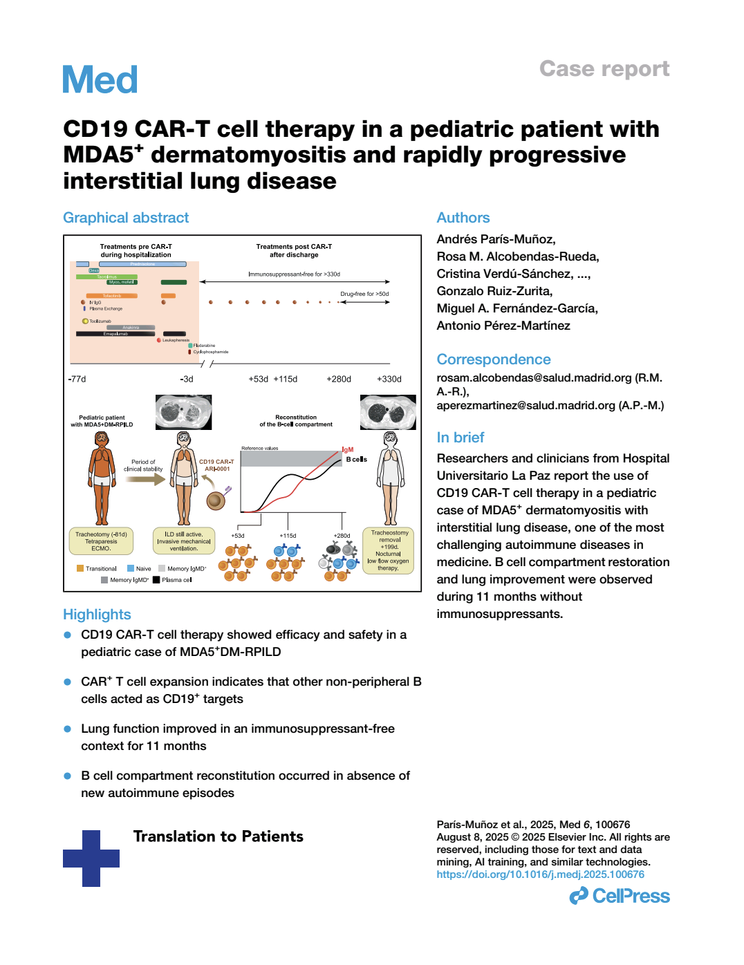 Cd19 Cart Cell Therapy In A Pediatric Patient With Mda5 Dermatomyositis And Rapidly Progressive Interstitial Lung Disease Andre S Parısmun Oz
