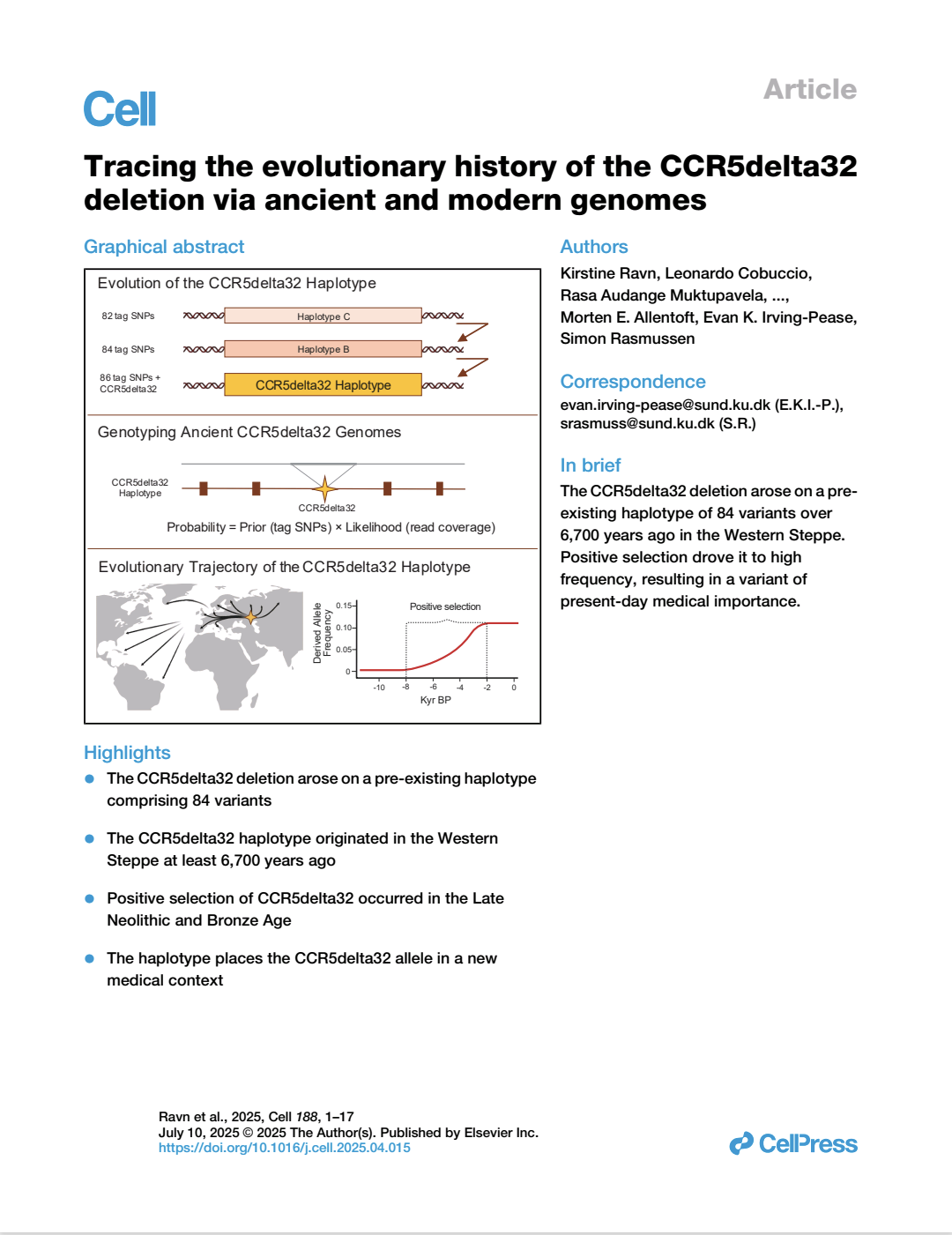 Tracing The Evolutionary History Of The Ccr5delta32 Deletion Via Ancient And Modern Genomes Kirstine Ravn Leonardo Cobuccio Rasa Audange Muktupavela Jonas Meisner Lasse Schnell Danielsen Michael Eriksen Benros Thorfinn Sand Korneliussen Martin Sikora Eske Willerslev Morten E Allentoft Evan K Irvingpease Simon Rasmussen