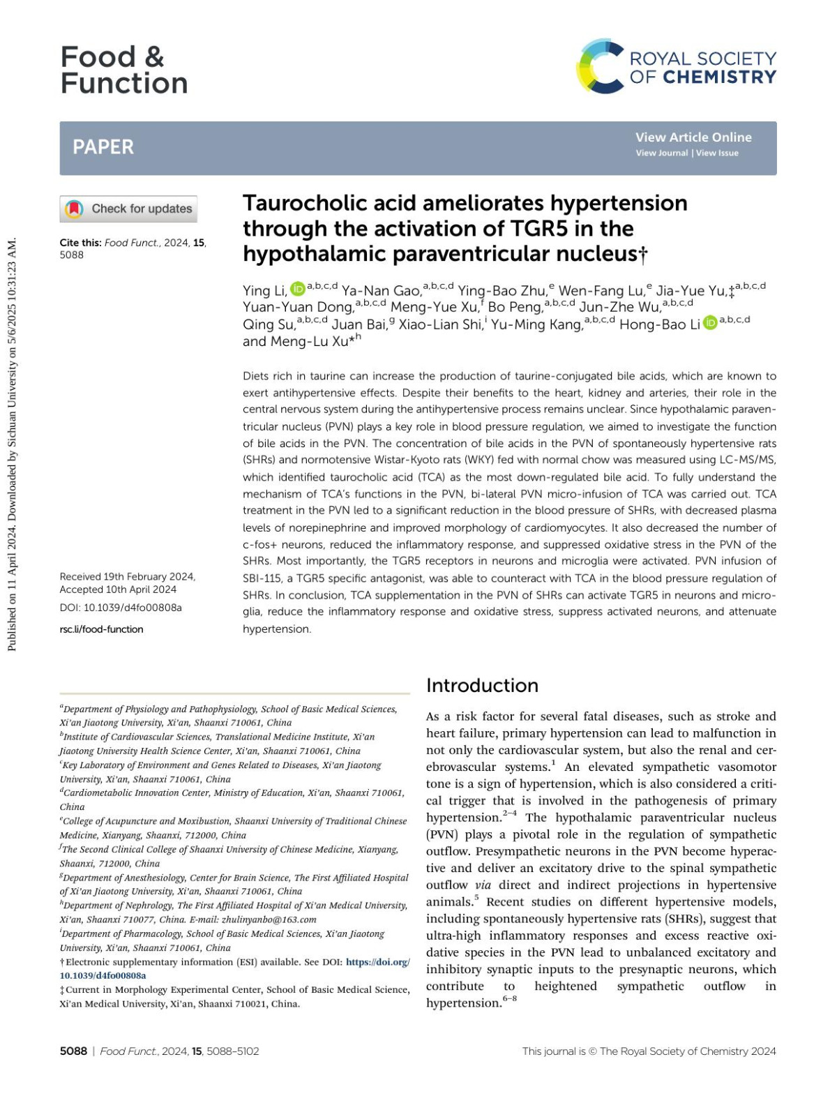 Taurocholic Acid Ameliorates Hypertension Through The Activation Of Tgr5 In The Hypothalamic Paraventricular Nucleus Ying Li