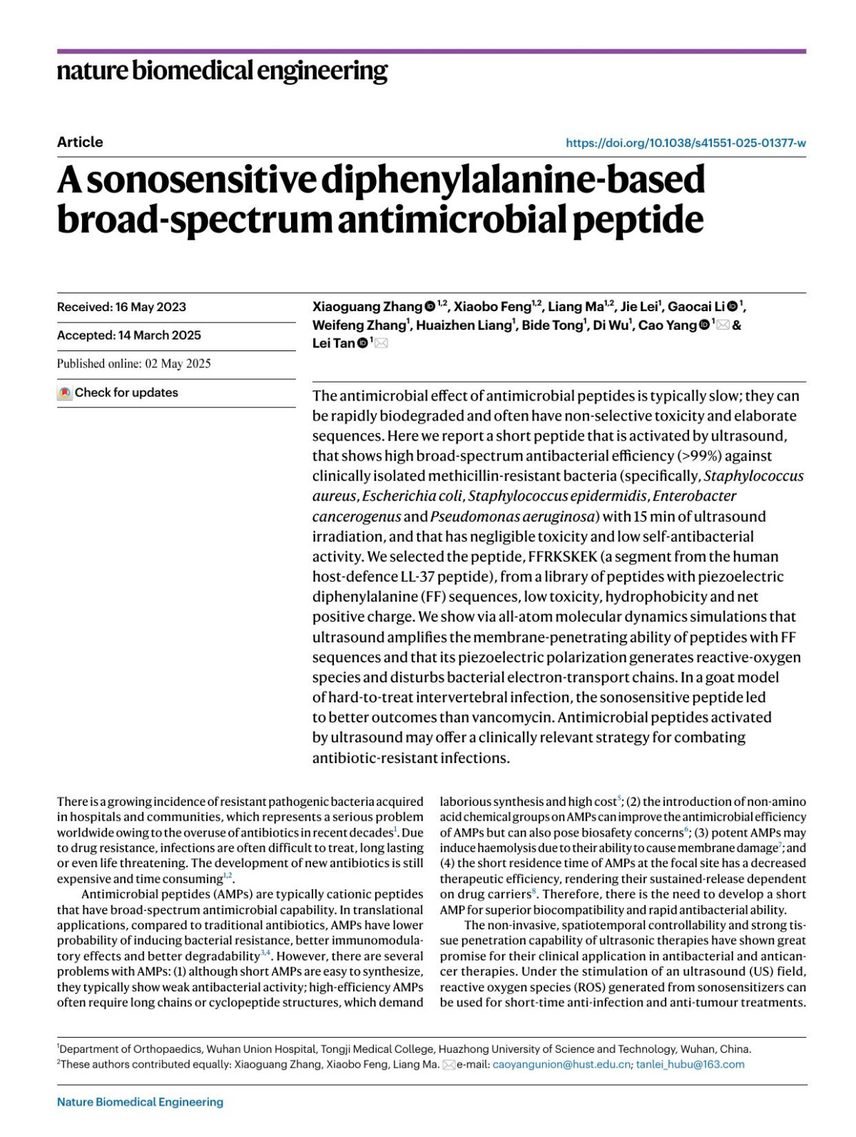 A Sonosensitive Diphenylalaninebased Broadspectrum Antimicrobial Peptide Xiaoguang Zhang Xiaobo Feng Liang Ma Jie Lei Gaocai Li Weifeng Zhang Huaizhen Liang Bide Tong Di Wu Cao Yang Lei Tan