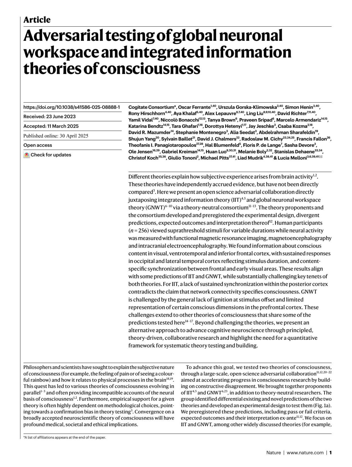 Adversarial Testing Of Global Neuronal Workspace And Integrated Information Theories Of Consciousness Cogitate Consortium