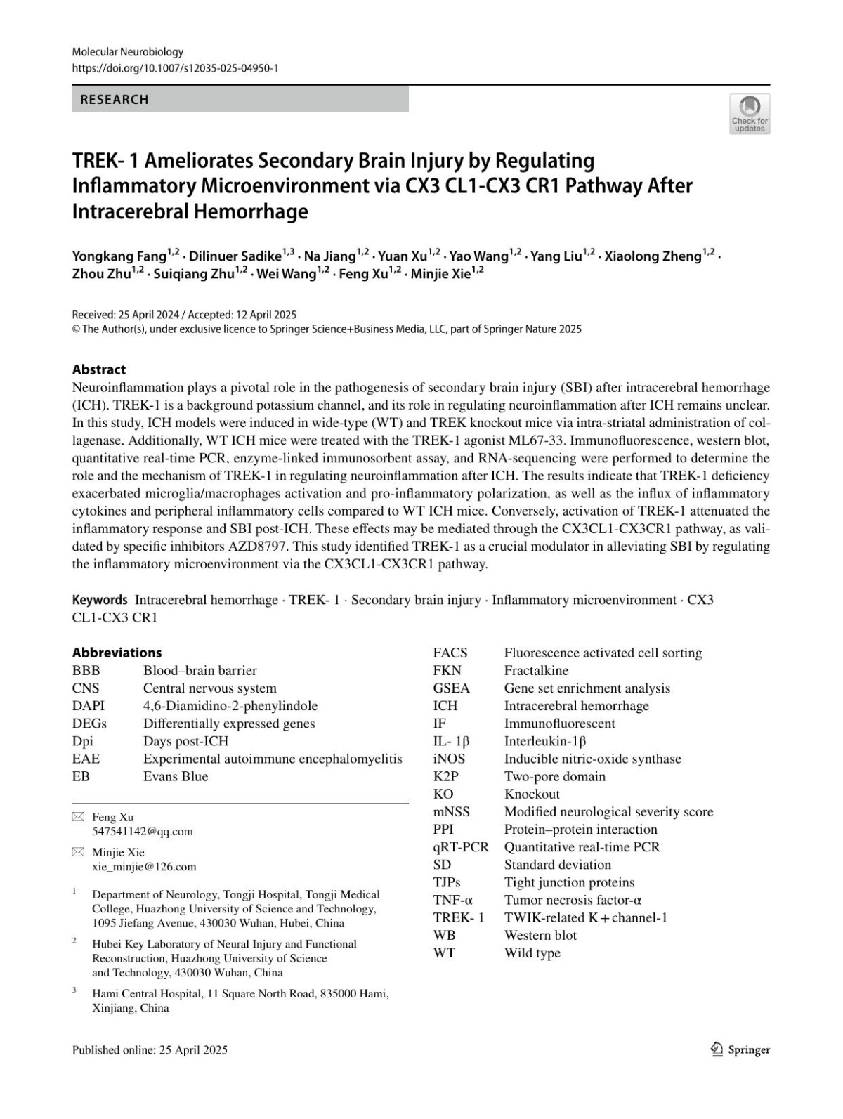 Trek 1 Ameliorates Secondary Brain Injury By Regulating Inflammatory Microenvironment Via Cx3 Cl1cx3 Cr1 Pathway After Intracerebral Hemorrhage Yongkang Fang Dilinuer Sadike Na Jiang Yuan Xu Yao Wang Yang Liu Xiaolong Zheng Zhou Zhu Suiqiang Zhu Wei Wang Feng Xu Minjie Xie