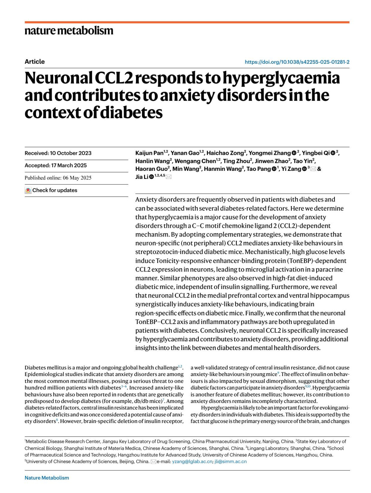 Neuronal Ccl2 Responds To Hyperglycaemia And Contributes To Anxiety Disorders In The Context Of Diabetes Kaijun Pan Yanan Gao Haichao Zong Yongmei Zhang Yingbei Qi Hanlin Wang Wengang Chen Ting Zhou Jinwen Zhao Tao Yin Haoran Guo Min Wang Hanmin Wang Tao Pang Yi Zang Jia Li