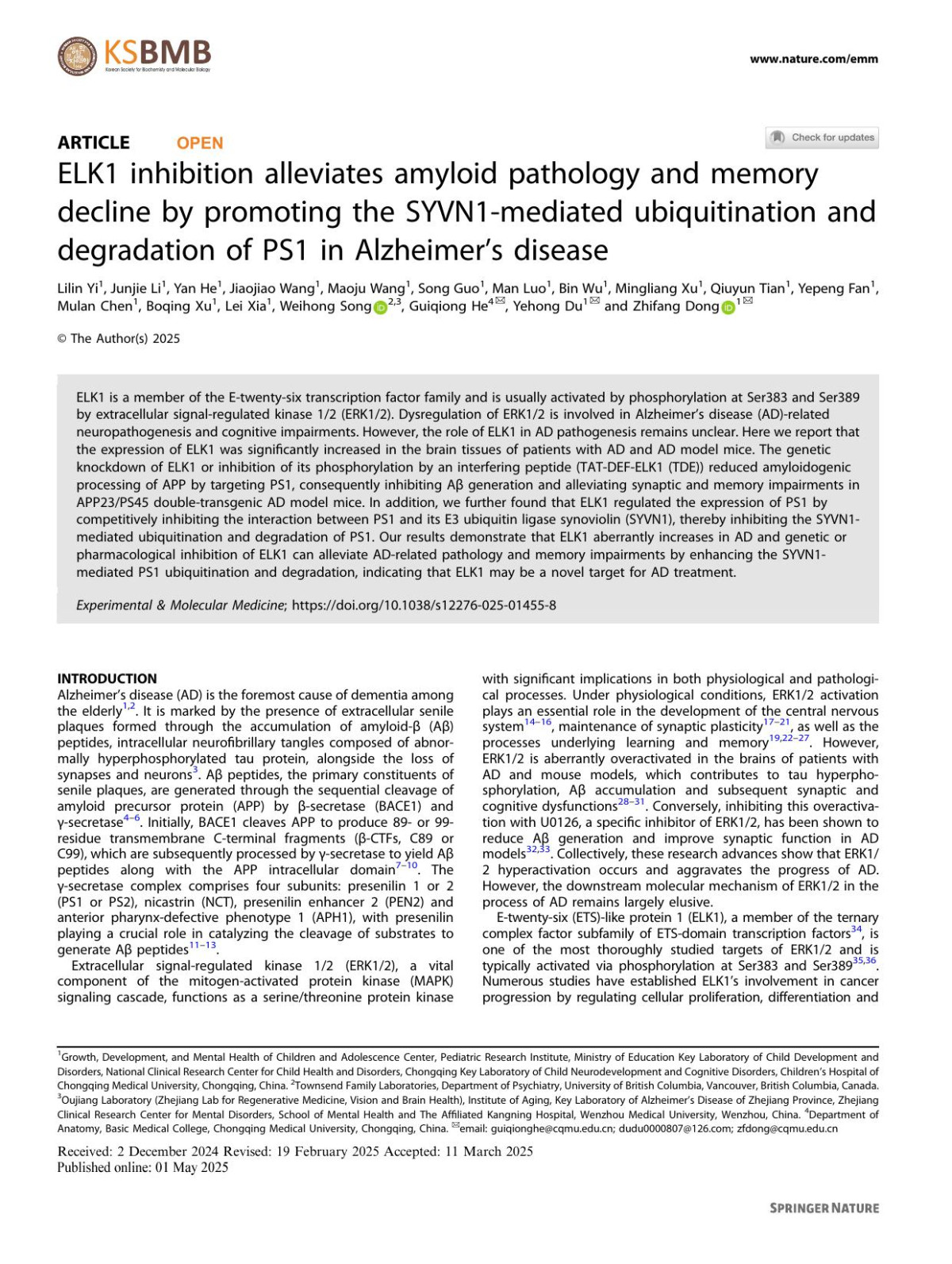 Elk1 Inhibition Alleviates Amyloid Pathology And Memory Decline By Promoting The Syvn1mediated Ubiquitination And Degradation Of Ps1 In Alzheimers Disease Lilin Yi Junjie Li Yan He Jiaojiao Wang Maoju Wang Song Guo Man Luo Bin Wu Mingliang Xu Qiuyun Tian Yepeng Fan Mulan Chen Boqing Xu Lei Xia Weihong Song Guiqiong He Yehong Du Zhifang Dong