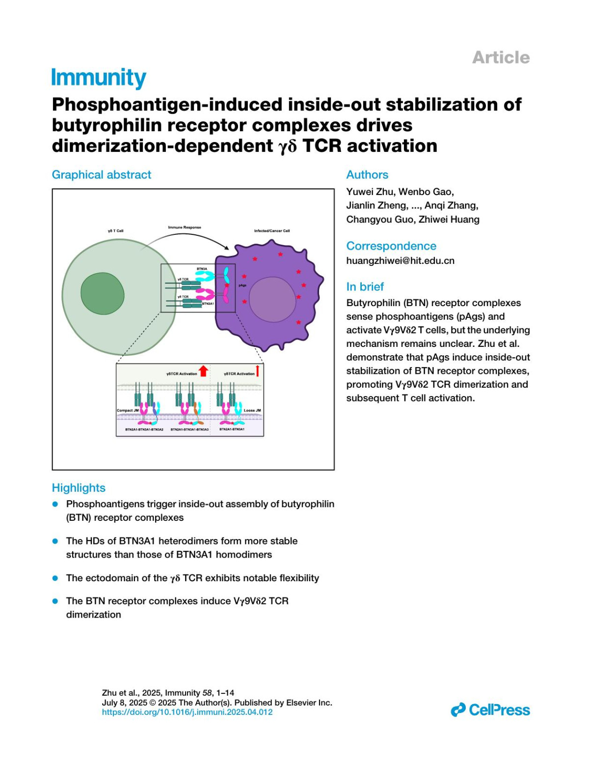 Phosphoantigeninduced Insideout Stabilization Of Butyrophilin Receptor Complexes Drives Dimerizationdependent γδ Tcr Activation Yuwei Zhu Wenbo Gao Jianlin Zheng Ye Bai Xinyu Tian Tengjin Huang Zebin Lu De Dong Anqi Zhang Changyou Guo Zhiwei Huang