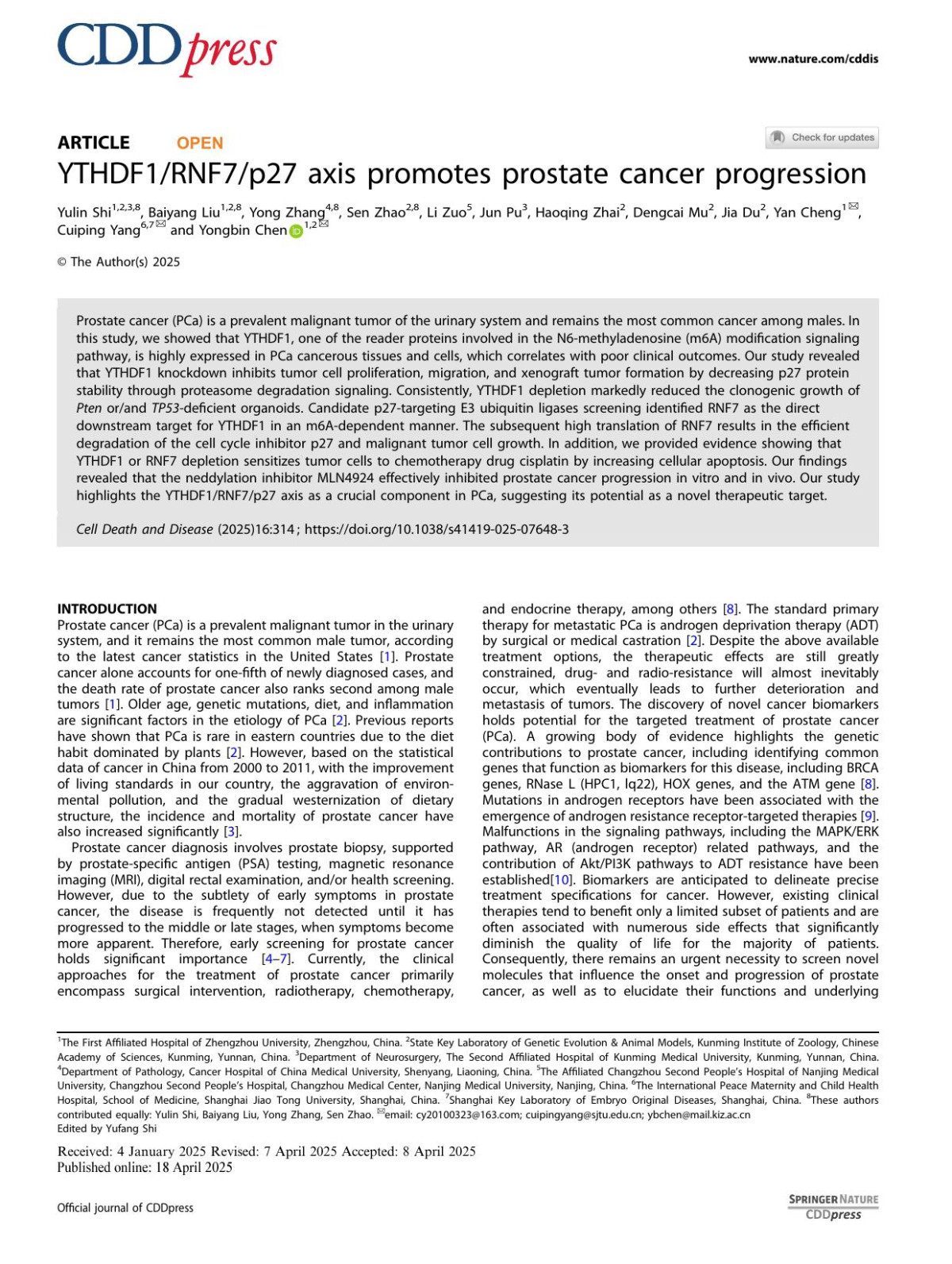 Ythdf1rnf7p27 Axis Promotes Prostate Cancer Progression Yulin Shi Baiyang Liu Yong Zhang Sen Zhao Li Zuo Jun Pu Haoqing Zhai Dengcai Mu Jia Du Yan Cheng Cuiping Yang Yongbin Chen