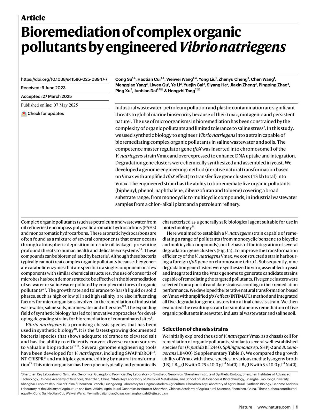 Bioremediation Of Complex Organic Pollutants By Engineered Vibrio Natriegens Cong Su Haotian Cui Weiwei Wang Yong Liu Zhenyu Cheng Chen Wang Mengqiao Yang Liwen Qu Ye Li Yuejin Cai Siyang He Jiaxin Zheng Pingping Zhao Ping Xu Junbiao Dai Hongzhi Tang