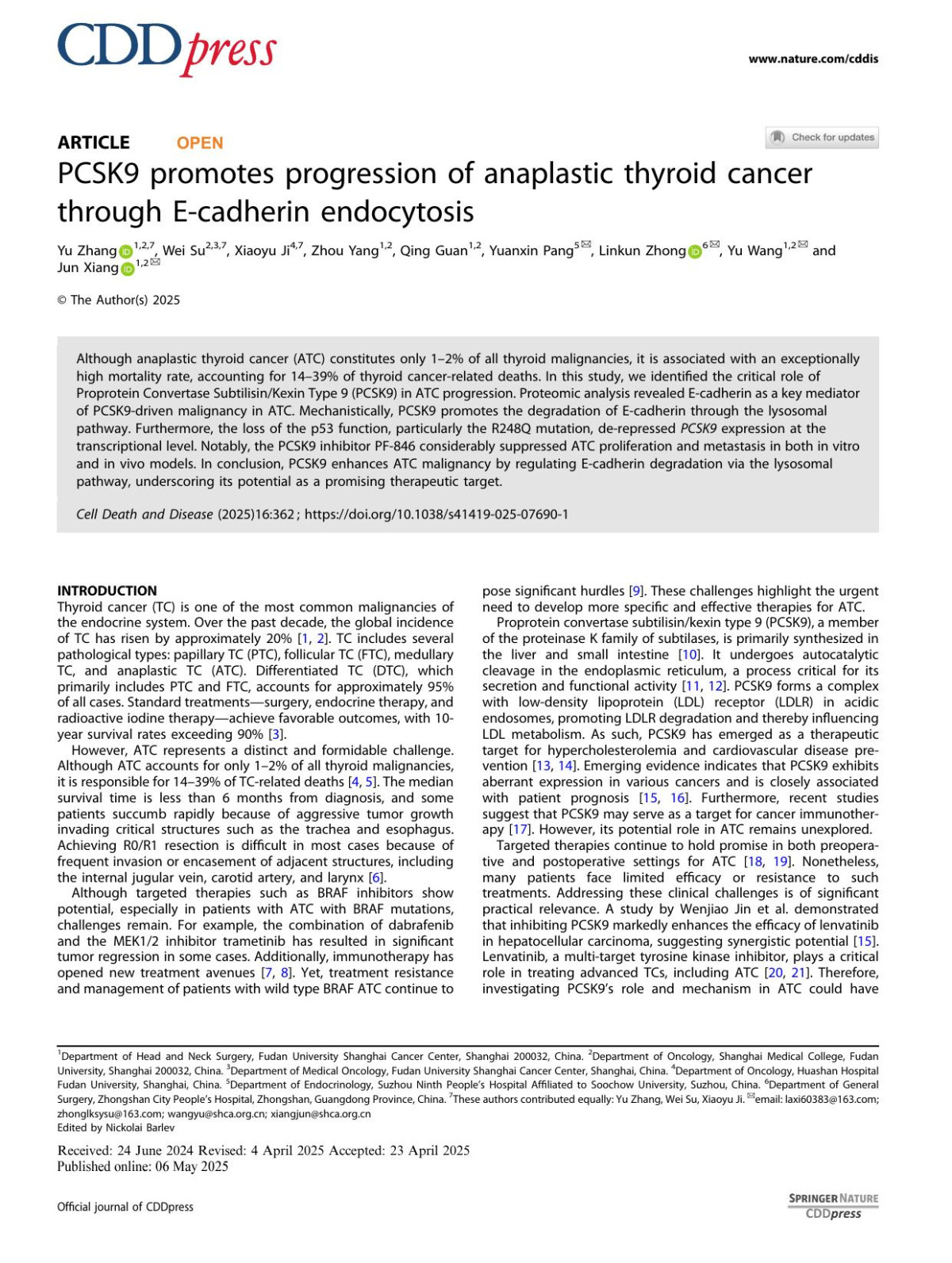 Pcsk9 Promotes Progression Of Anaplastic Thyroid Cancer Through Ecadherin Endocytosis Yu Zhang Wei Su Xiaoyu Ji Zhou Yang Qing Guan Yuanxin Pang Linkun Zhong Yu Wang Jun Xiang