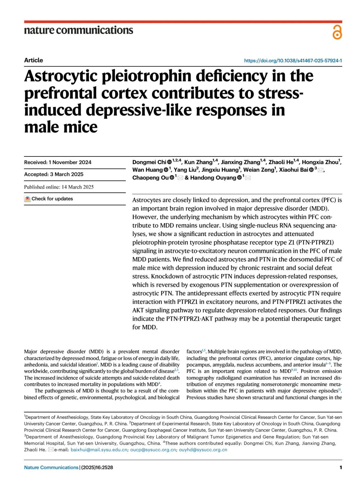 Astrocytic Pleiotrophin Deficiency In The Prefrontal Cortex Contributes To Stressinduced Depressivelike Responses In Male Mice Dongmei Chi Kun Zhang Jianxing Zhang Zhaoli He Hongxia Zhou Wan Huang Yang Liu Jingxiu Huang Weian Zeng Xiaohui Bai Chaopeng Ou Handong Ouyang