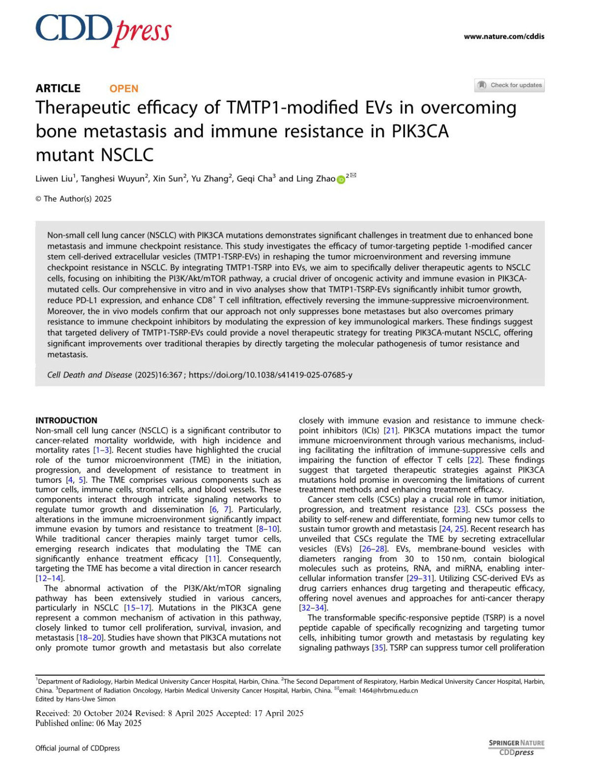 Therapeutic Efficacy Of Tmtp1modified Evs In Overcoming Bone Metastasis And Immune Resistance In Pik3ca Mutant Nsclc Liwen Liu Tanghesi Wuyun Xin Sun Yu Zhang Geqi Cha Ling Zhao