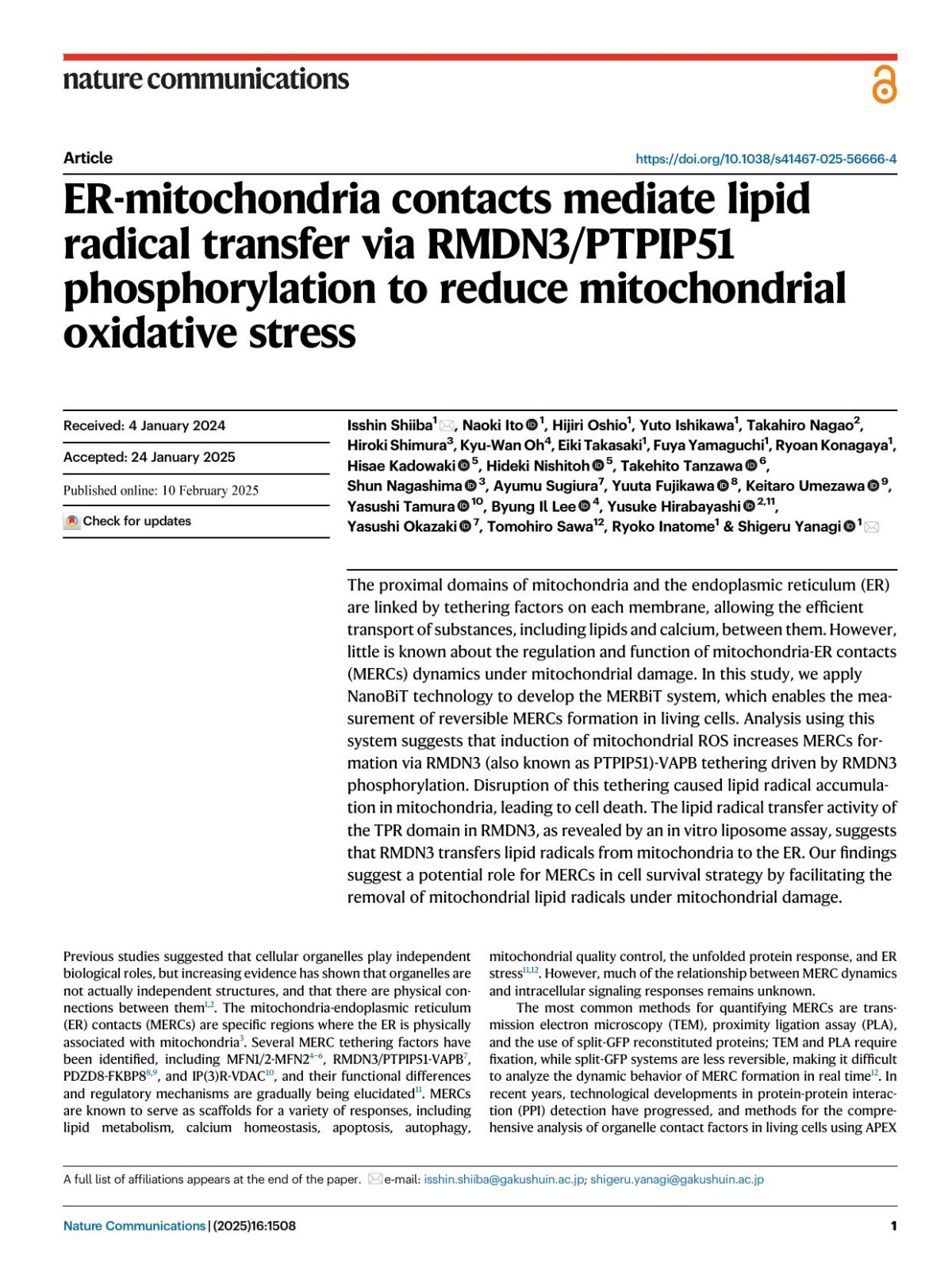 Ermitochondria Contacts Mediate Lipid Radical Transfer Via Rmdn3ptpip51 Phosphorylation To Reduce Mitochondrial Oxidative Stress Isshin Shiiba1
