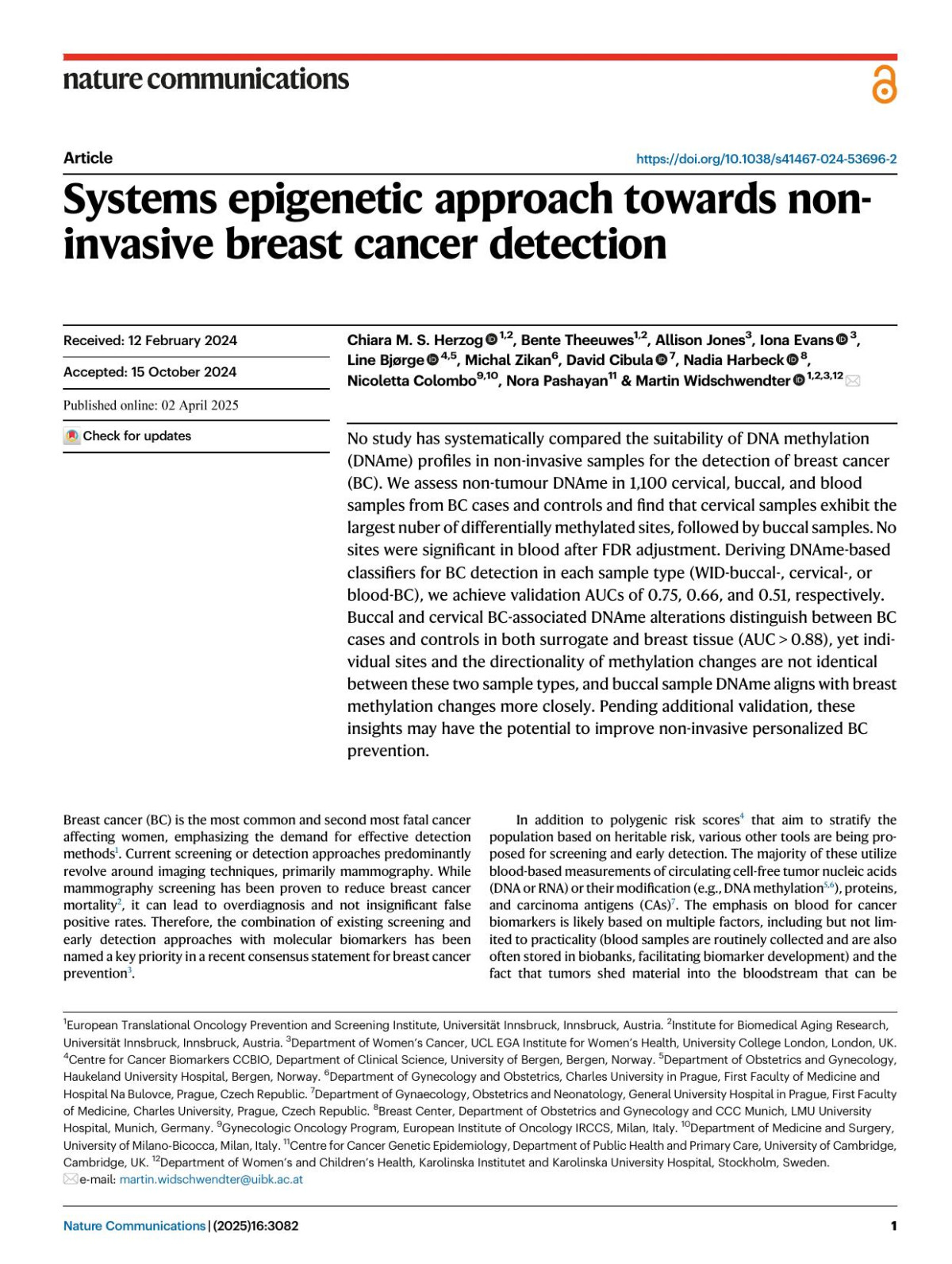 Systems Epigenetic Approach Towards Noninvasive Breast Cancer Detection Chiara M S Herzog Bente Theeuwes Allison Jones Iona Evans Line Bjørge Michal Zikan David Cibula Nadia Harbeck Nicoletta Colombo Nora Pashayan Martin Widschwendter