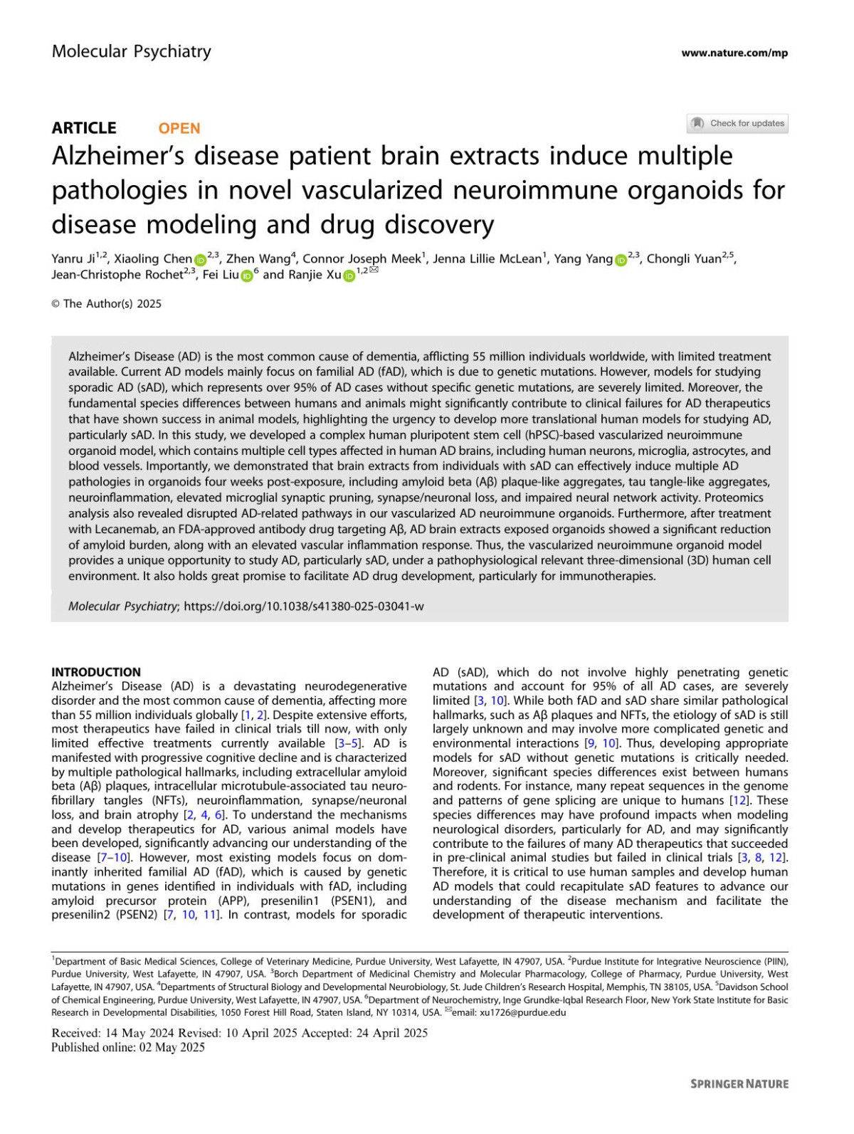 Alzheimers Disease Patient Brain Extracts Induce Multiple Pathologies In Novel Vascularized Neuroimmune Organoids For Disease Modeling And Drug Discovery Yanru Ji Xiaoling Chen Zhen Wang Connor Joseph Meek Jenna Lillie Mclean Yang Yang Chongli Yuan Jeanchristophe Rochet Fei Liu Ranjie Xu