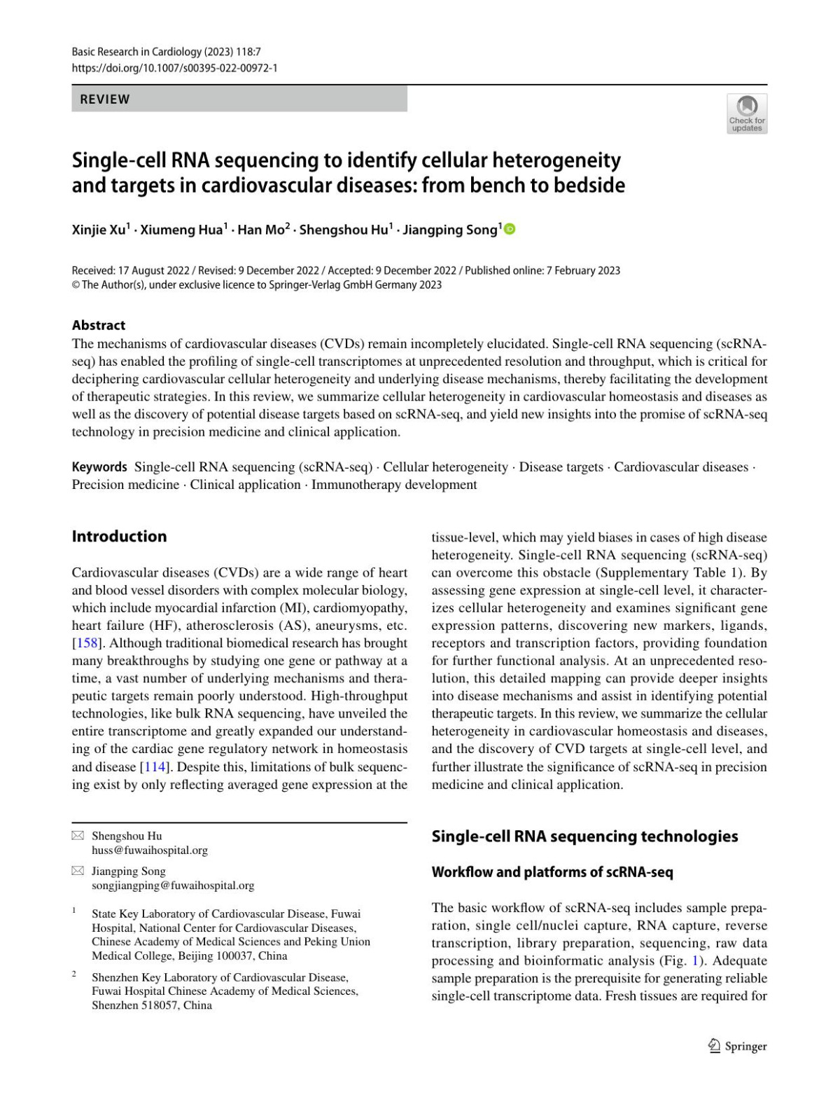 Singlecell Rna Sequencing To Identify Cellular Heterogeneity And Targets In Cardiovascular Diseases From Bench To Bedside Xinjie Xu Xiumeng Hua