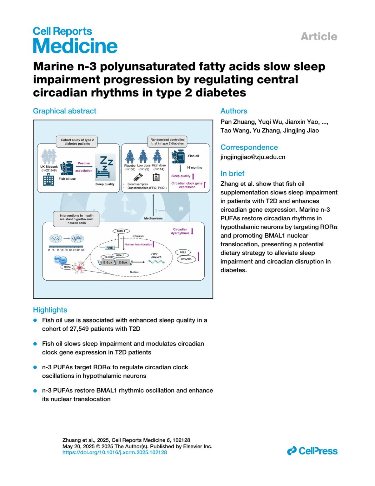 Marine N3 Polyunsaturated Fatty Acids Slow Sleepimpairment Progression By Regulating Centralcircadian Rhythms In Type 2 Diabetes Pan Zhuang Yuqi Wu Jianxin Yao Xiaohui Liu Haoyin Liu Xuzhi Wan Wei Jia Tao Wang Yu Zhang Jingjing Jiao