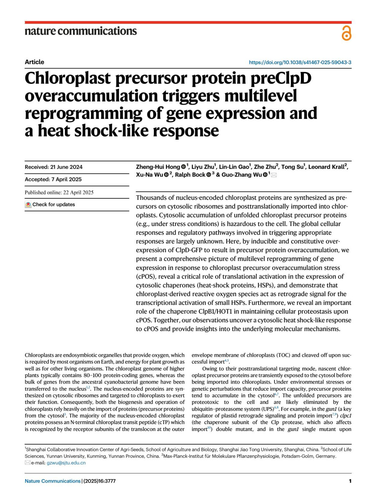 Chloroplast Precursor Protein Preclpd Overaccumulation Triggers Multilevel Reprogramming Of Gene Expression And A Heat Shocklike Response Zhenghui Hong Liyu Zhu Linlin Gao Zhe Zhu Tong Su Leonard Krall Xuna Wu Ralph Bock Guozhang Wu