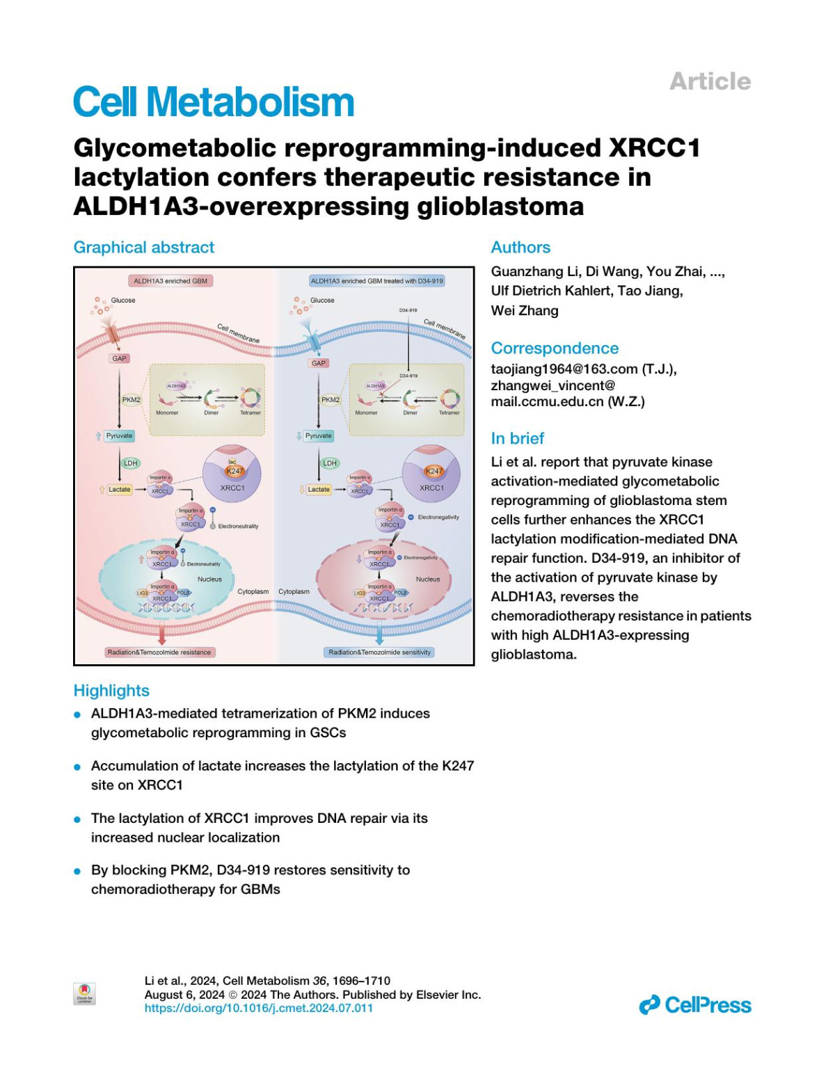 Glycometabolic Reprogramminginduced Xrcc1 Lactylation Confers Therapeutic Resistance In Aldh1a3overexpressing Glioblastoma Guanzhang Li Di Wang You Zhai Changqing Pan Jiazheng Zhang Chen Wang Ruoyu Huang Mingchen Yu Yiming Li Xing Liu Yanwei Liu Fan Wu Zheng Zhao Huimin Hu Zhongfang Shi Ulf Dietrich Kahlert Tao Jiang Wei Zhang