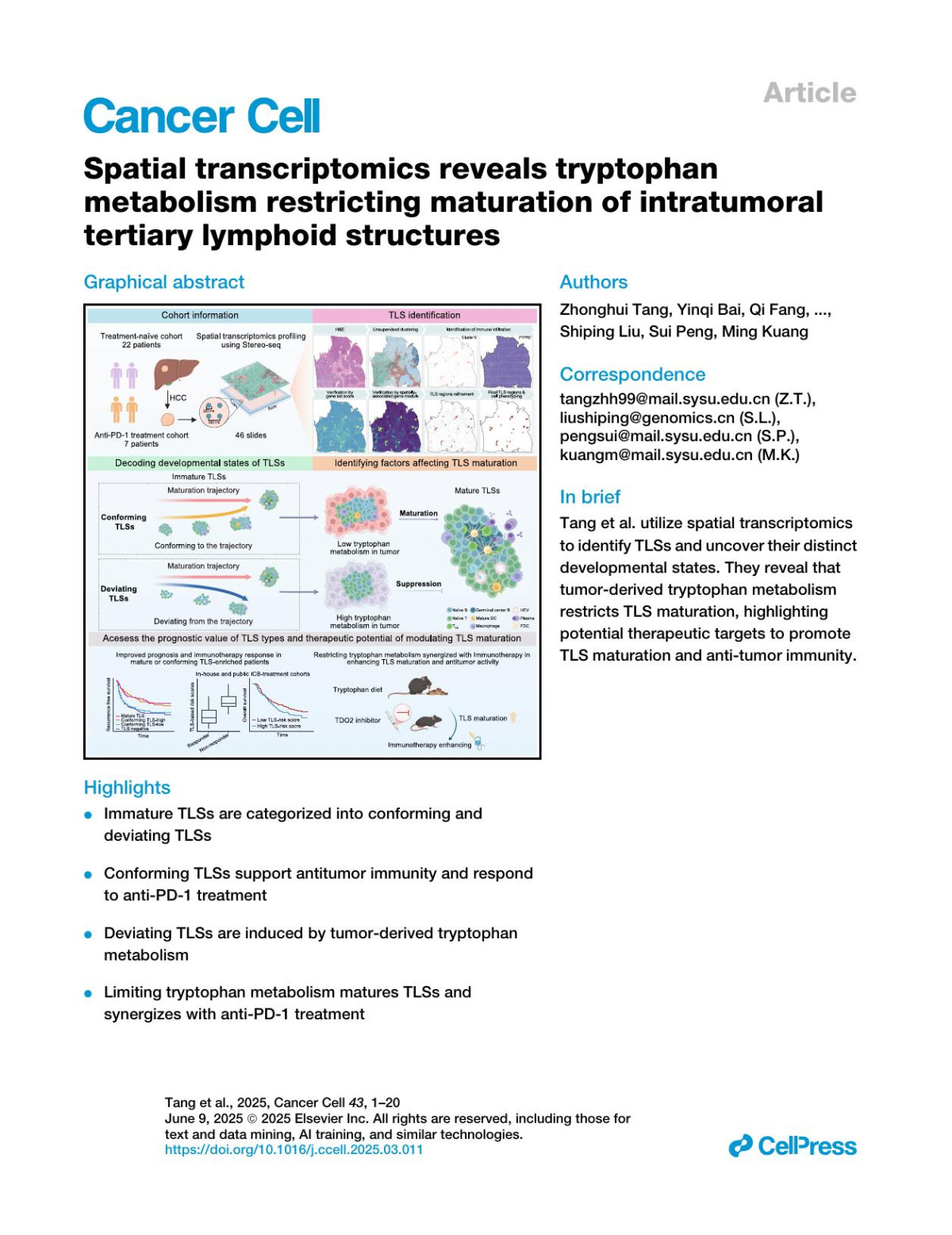 Spatial Transcriptomics Reveals Tryptophan Metabolism Restricting Maturation Of Intratumoral Tertiary Lymphoid Structures Zhonghui Tang