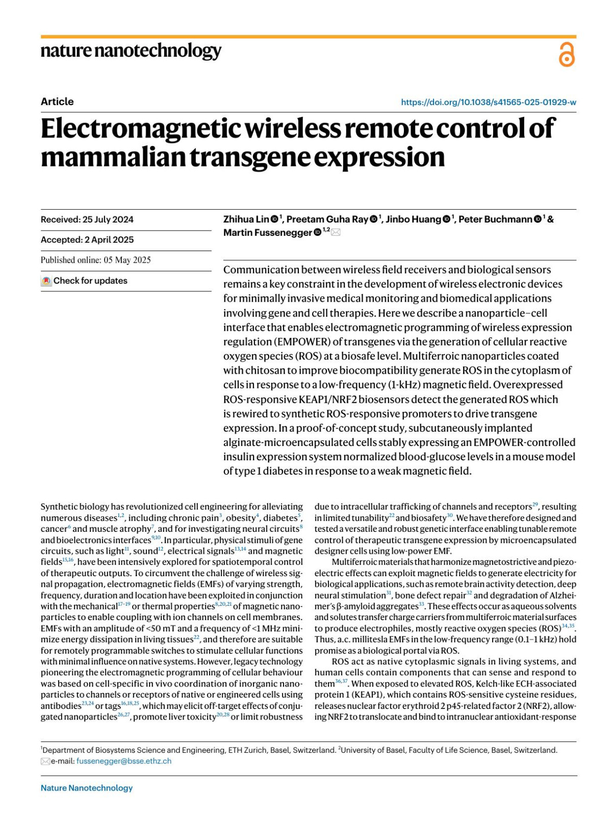 Electromagnetic Wireless Remote Control Of Mammalian Transgene Expression Zhihua Lin Preetam Guha Ray Jinbo Huang Peter Buchmann Martin Fussenegger
