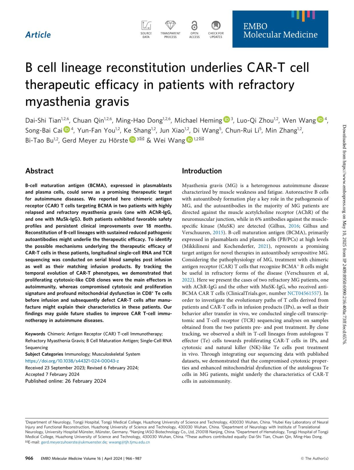 B Cell Lineage Reconstitution Underlies Cart Cell Therapeutic Efficacy In Patients With Refractory Myasthenia Gravis Daishi Tian Chuan Qin Minghao Dong Michael Heming Luoqi Zhou Wen Wang Songbai Cai Yunfan You Ke Shang Jun Xiao Di Wang Chunrui Li Min Zhang Bitao Bu Gerd Meyer Zu Hörste Wei Wang
