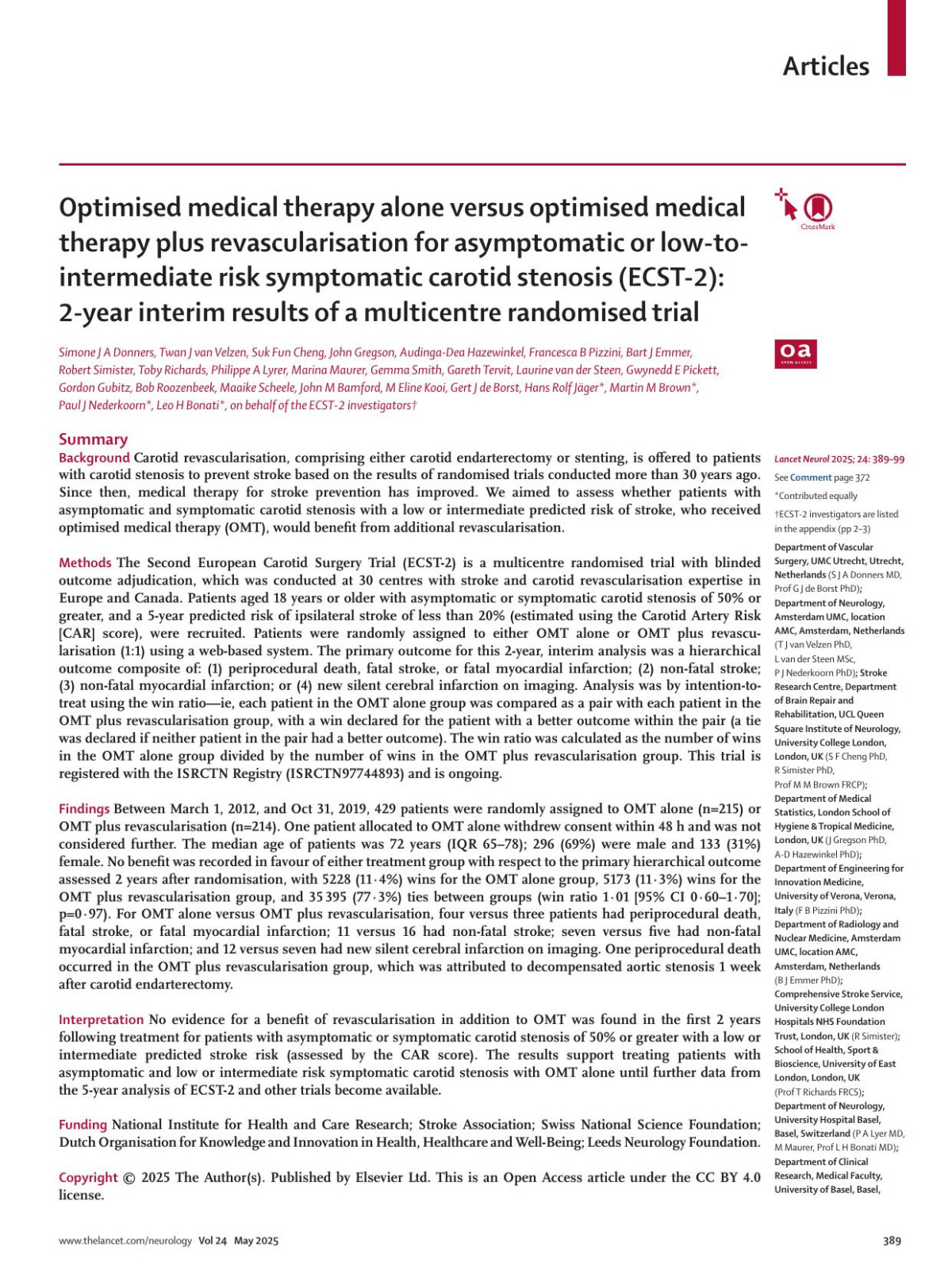 Optimised Medical Therapy Alone Versus Optimised Medical Therapy Plus Revascularisation For Asymptomatic Or Lowtointermediate Risk Symptomatic Carotid Stenosis Ecst2 2year Interim Results Of A Multicentre Randomised Trial Simone J A Donners