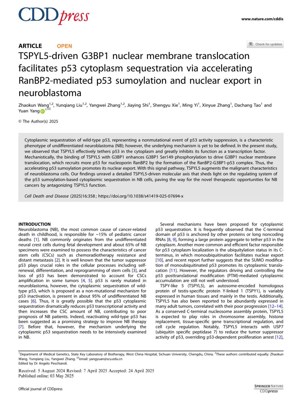 Tspyl5driven G3bp1 Nuclear Membrane Translocation Facilitates P53 Cytoplasm Sequestration Via Accelerating Ranbp2mediated P53 Sumoylation And Nuclear Export In Neuroblastoma Zhaokun Wang Yunqiang Liu Yangwei Zhang Jiaying Shi Shengyu Xie Ming Yi Xinyue Zhang Dachang Tao Yuan Yang
